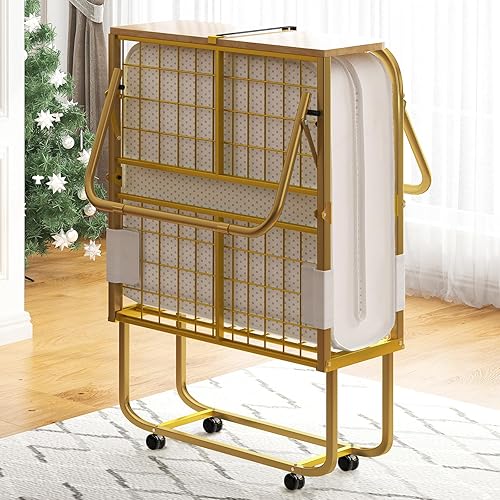 Mjkone Folding Bed with 5" Memory Foam Mattress & Upgraded 75x45 Frame Single Portable Guest Bed, Space-Saving Design, Lockable Wheels for Easy Moving, Quick Assembly & Compact Storage-Gold