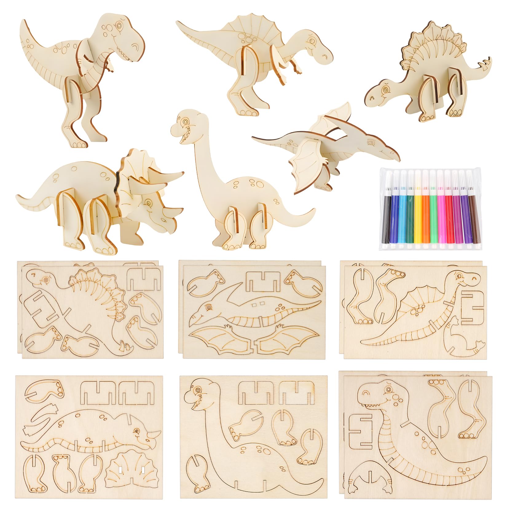 Fulushouxi Zestaw do majsterkowania z 10 dinozaurami z drewna, 3D puzzle z dinozaurami, zestaw DIY do urodzin smoka do malowania i robótek, materiały do robótek na imprezę z 12 piórami