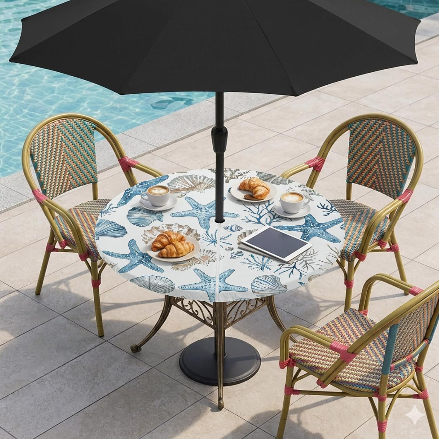 Blue Beige Coastal Waterproof Outdoor Tablecloth with Umbrella Hole and Zipper,Round Fitted Table Covers with Elastic,Summer Beach Nautical Starfish Shell Patio Party Table Cloth Fits 45"-54" Tables image 4