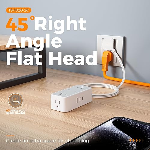 Miniatura 9 de Tessan Enchufe múltiple, plano, 5 pies, 4 salidas espaciadas, corriente alterna, 3 puertos USB, 1 USB C, protege contra sobretensiones, estación de