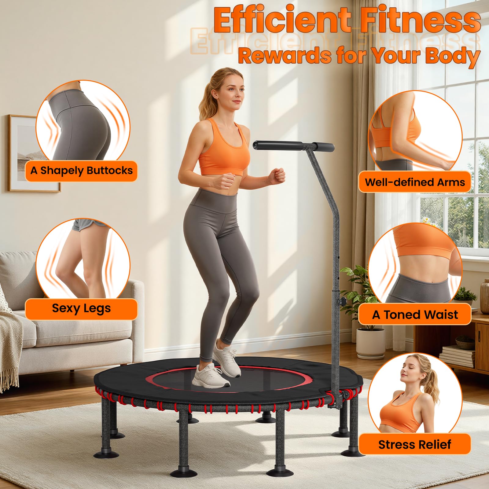 LIFERUN Trampolina fitness do użytku wewnątrz Ø 102/122 cm, mini gumowe linki, trampolina, udźwig 150 kg, wyściełany pokrowiec ochronny, regulowany uchwyt, dla dorosłych, stabilna, cicha, do domu