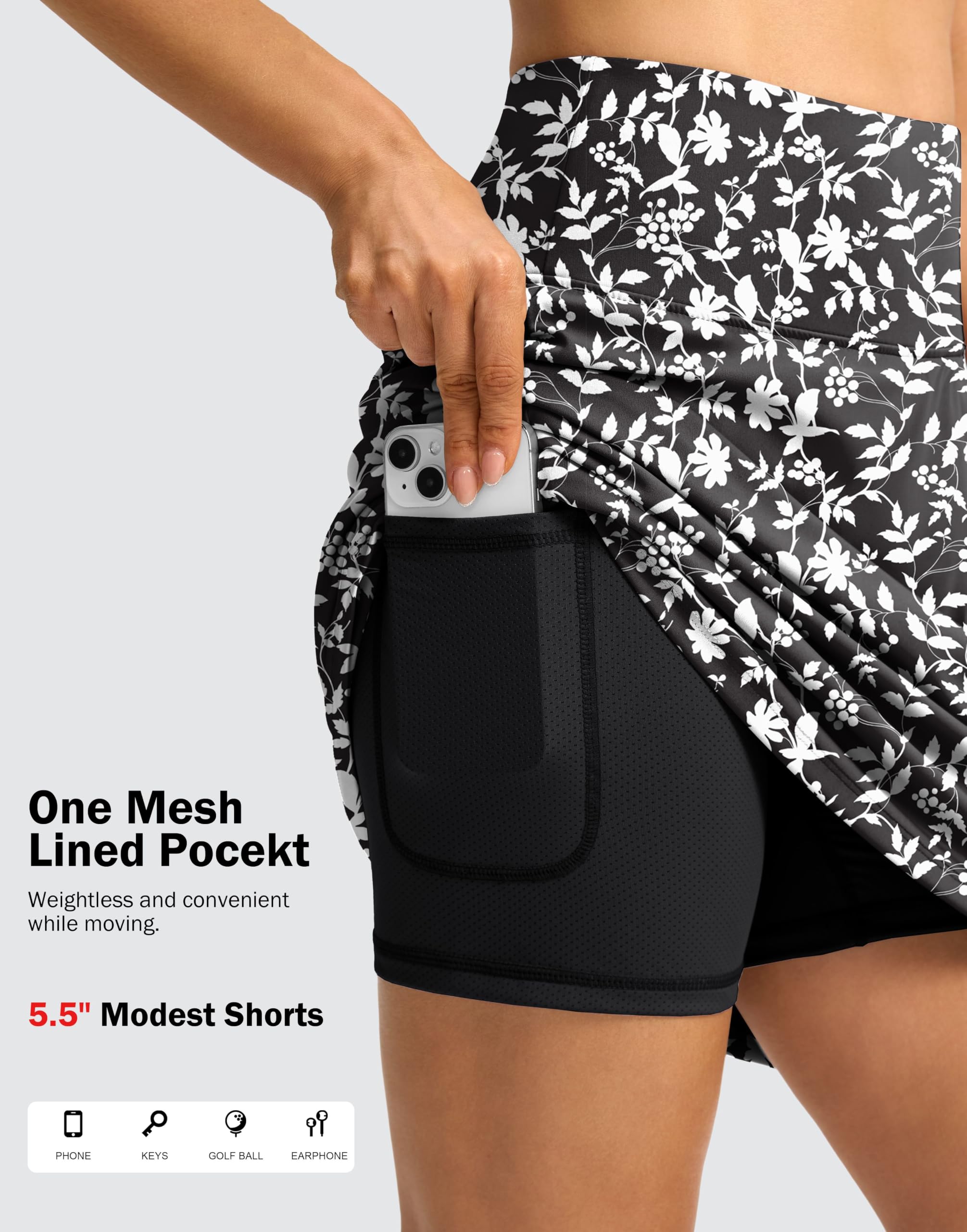 SANTINY Jupe-short de 45,7 cm pour femme, 3 poches, taille haute, jupe de tennis, de golf, jupe-short de golf pour l'été, les voyages décontractés