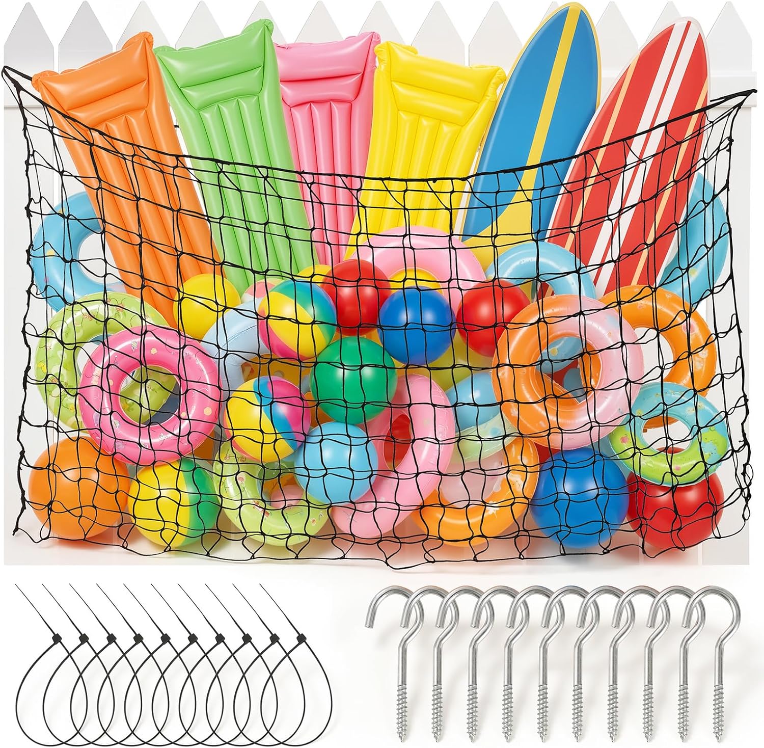 Large Pool Float Storage Bag, 71"x47" Pool Toy Storage Bag for Inflatable Floats, Hanging Pool Toy Organizer with 10 Hooks & 10 Zip Ties, Heavy Duty Mesh Pool Storage Net for Pool Accessories