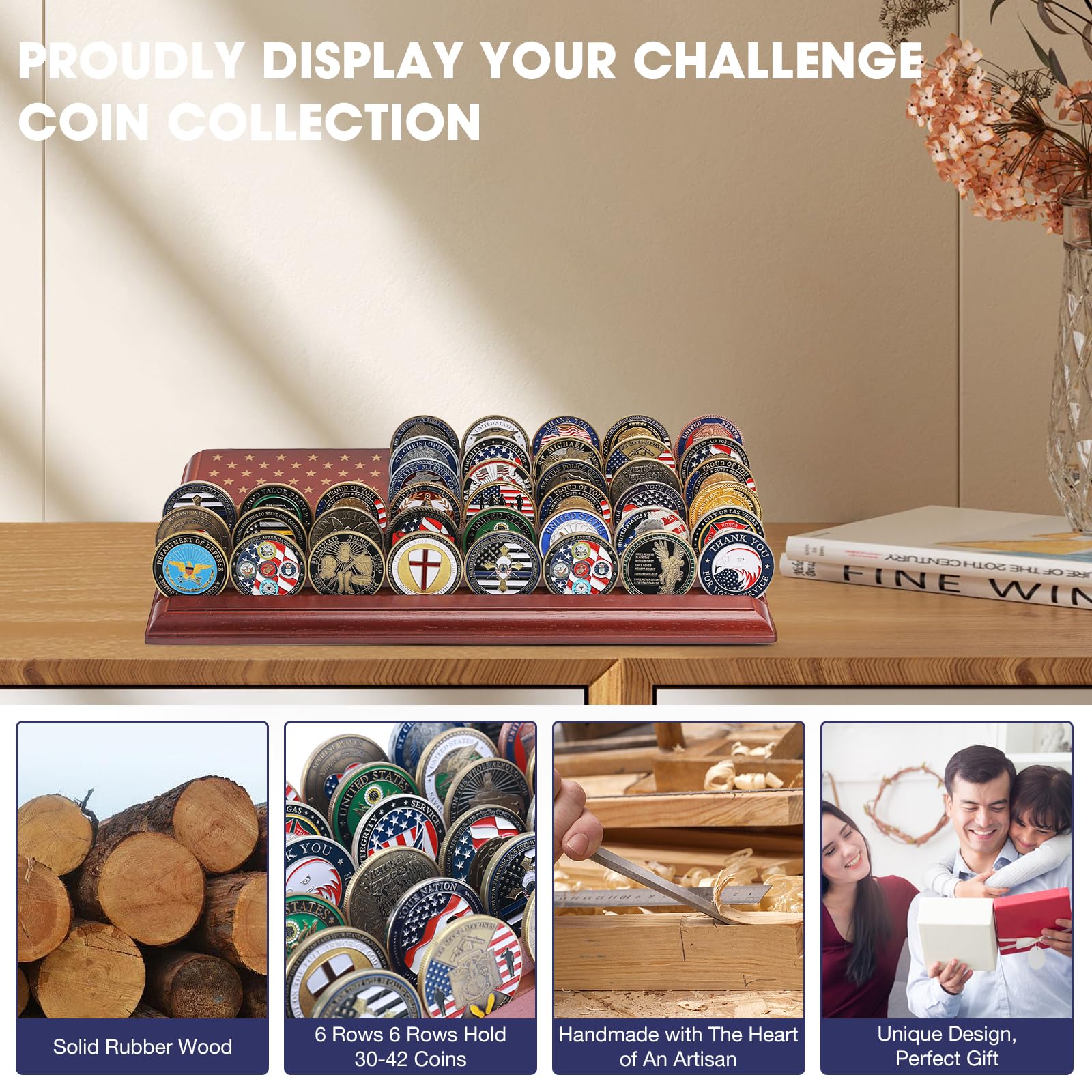 LIUYALO 6連チャレンジコインディスプレイ アメリカ国旗付き 100%無垢材を使用したチャレンジコインホルダー