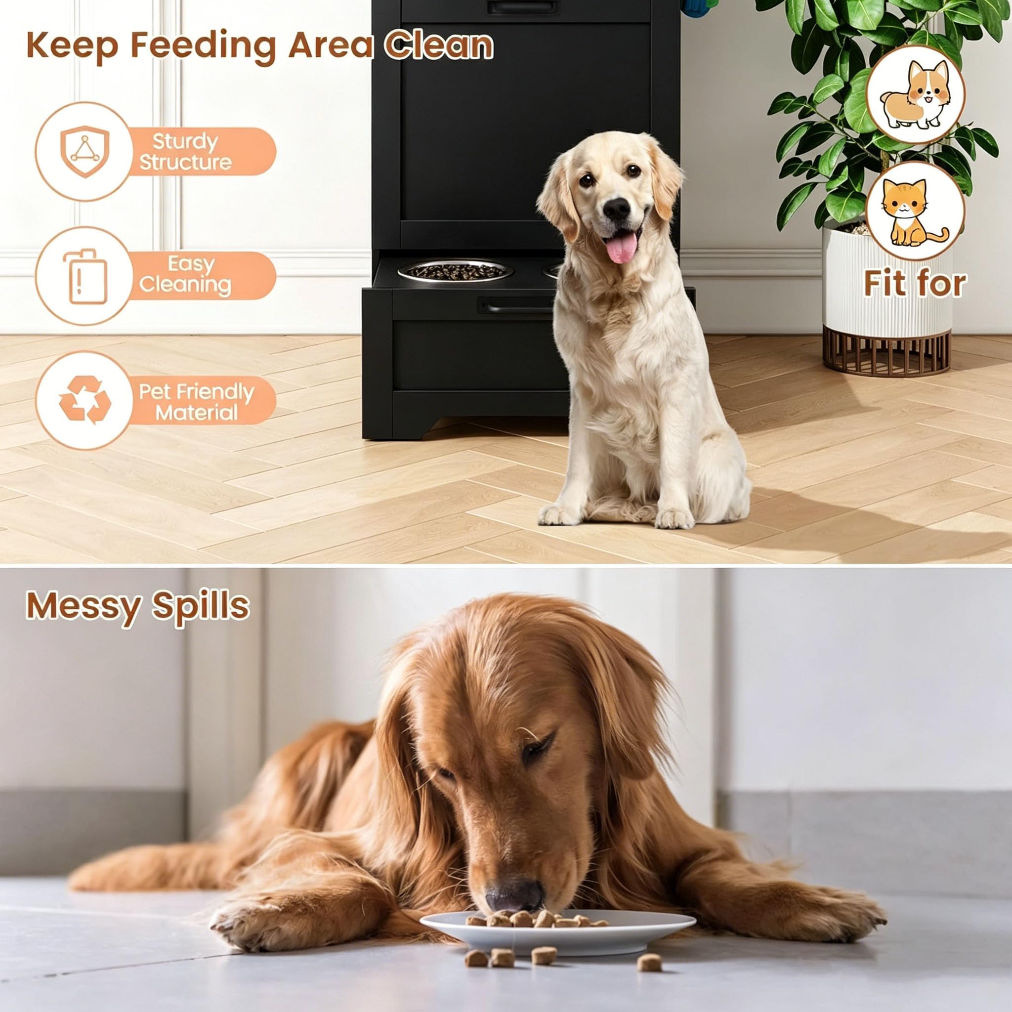 Garvee Station d'alimentation pour Chiens, Meuble d'armoire Alimentaire avec 2 Gamelles Surélevées pour Chien, Boîte de Rangement 3 Crochets, Organisateur de Jouets pourAnimaux Domestiques
