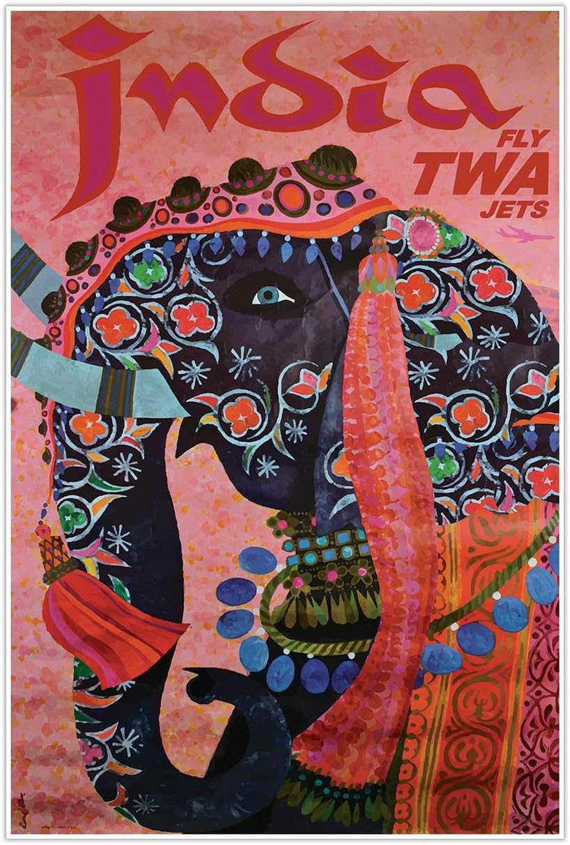 Gallery Prints | India Airlines - Adorned Elephant Travel Print | Art Poster Vintage Wall Decor | 24 x 36 inches