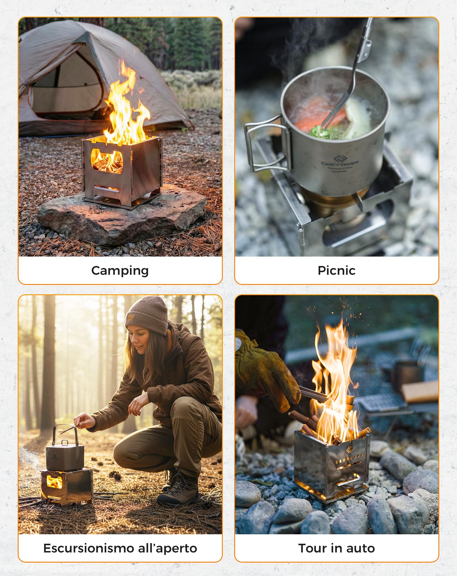 COOK'N'Escape Stufa a Legna Campeggio Portatile Rocket Doppia Combustione M | Fornello Hobo in Acciaio Inox Pieghevole con Piastra Grill Titanio, Multicombustibile per Camping, Grill e Trekking