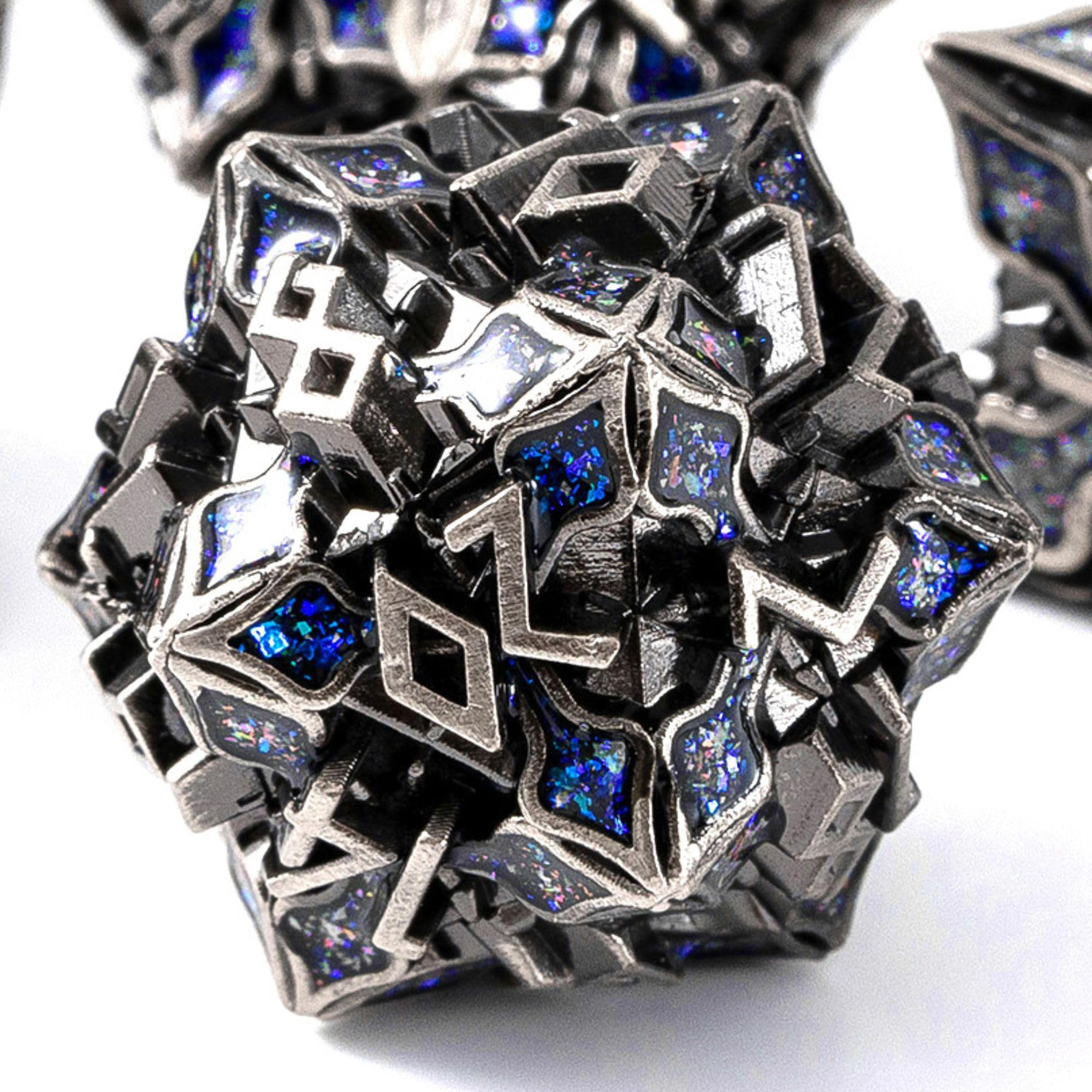 Metal Dice for DND - Spire Sanctum Series (Silver Blue Glitter)