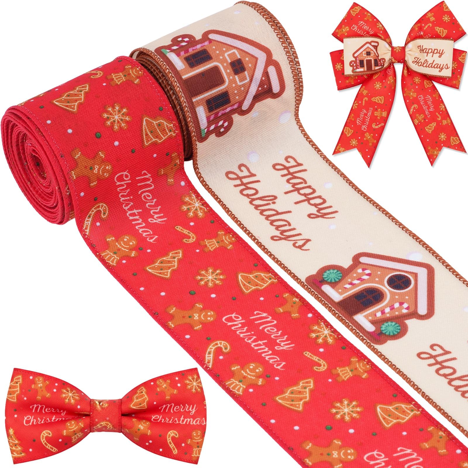 YKW Lot De 2 Rouleaux De Ruban De Noël à Bords Métalliques, 6,5 Cm X 4,6 M Chacun – Pour Couronne, Nœud, Emballage Cadeau, Décoration D'arbre – Motifs Festifs De Vacances Rouge