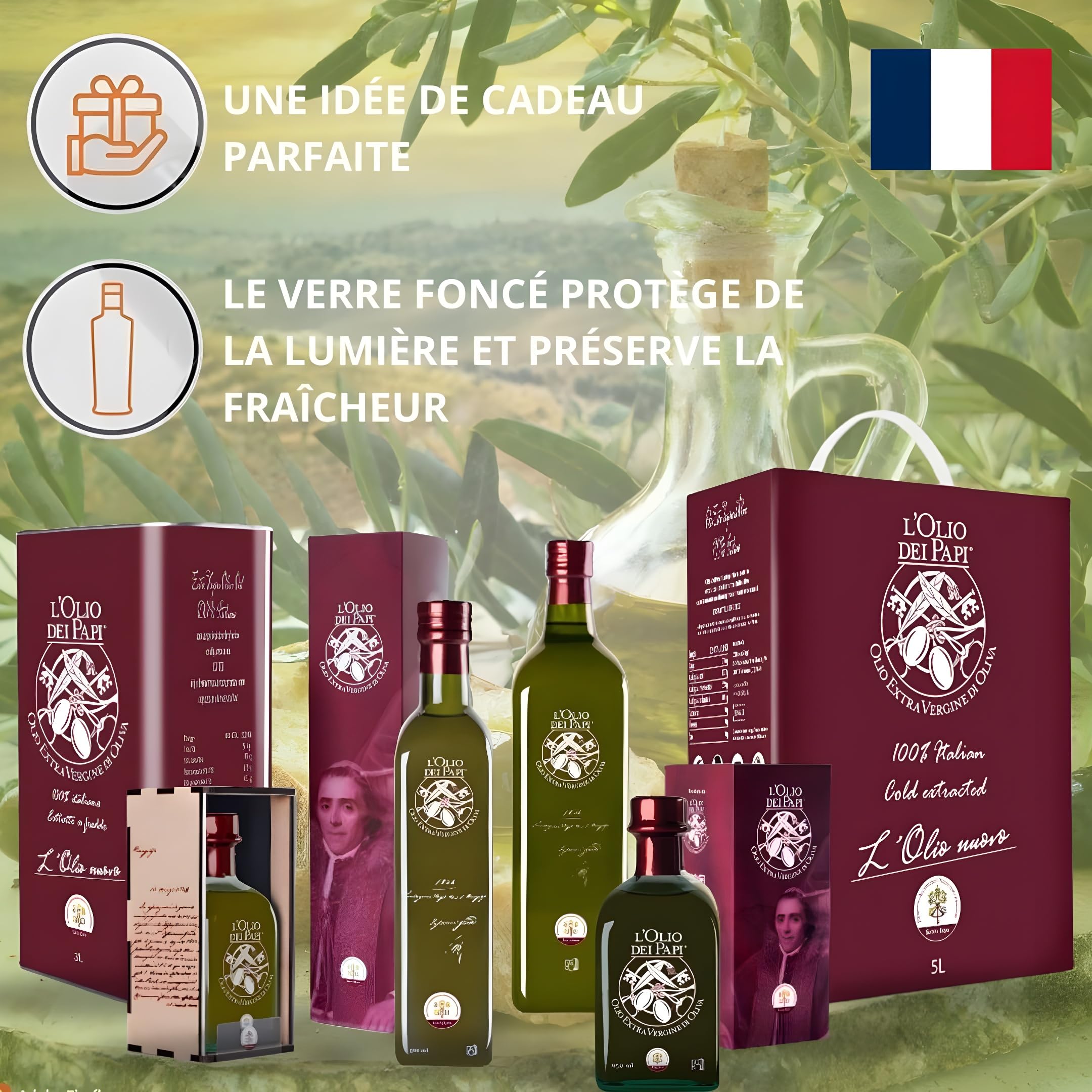 L'Olio dei Papi 100% Huile d'Olive Extra Vierge Italienne extraite à froid des oliveraies centenaires des anciennes terres des Papes 0,5 LT (étui)