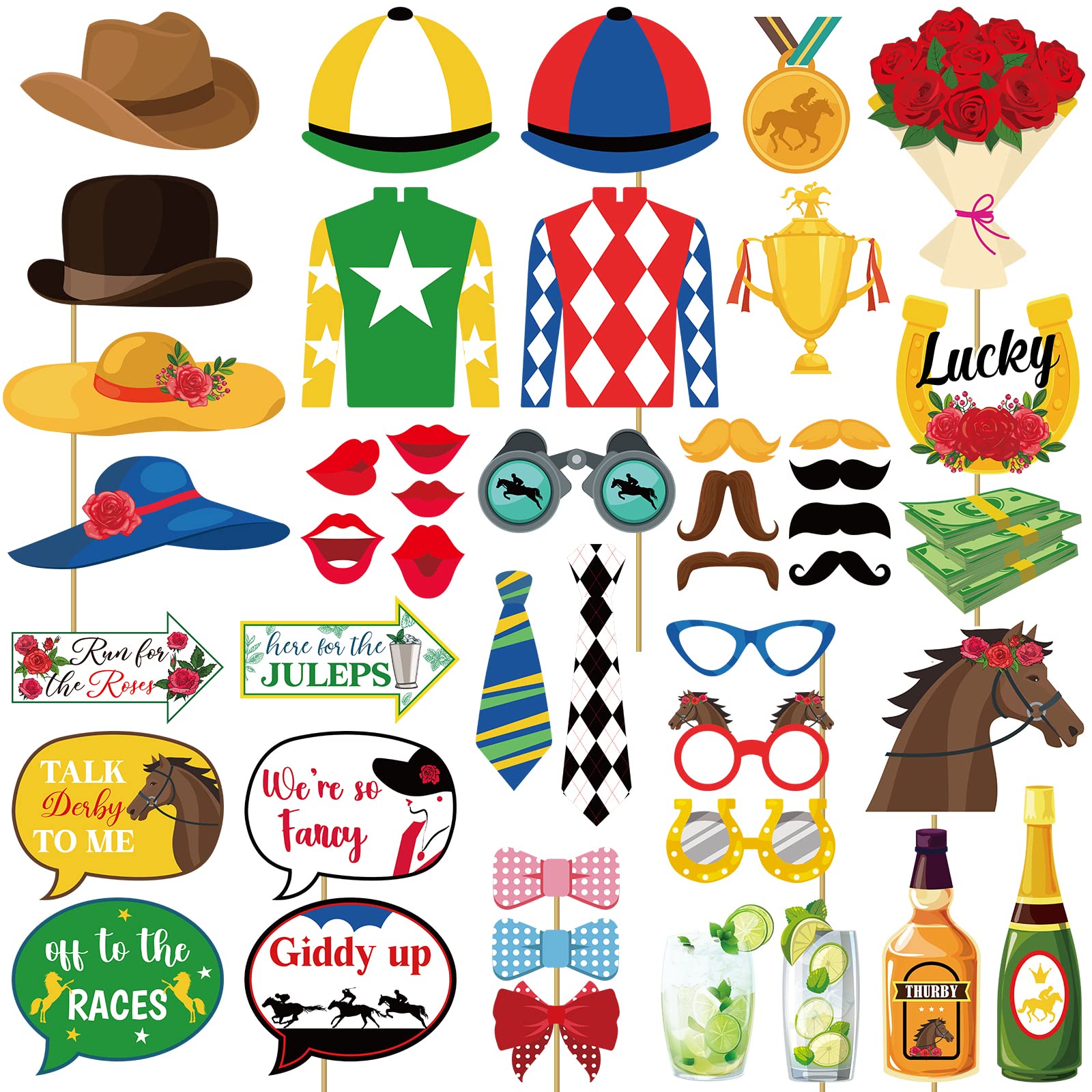 R1chyk1ng Green, Brown, White 45Pcs Kentucky Horse Derby Photo Props – Horse Race Derby Day Party Booth Supplies Decorations