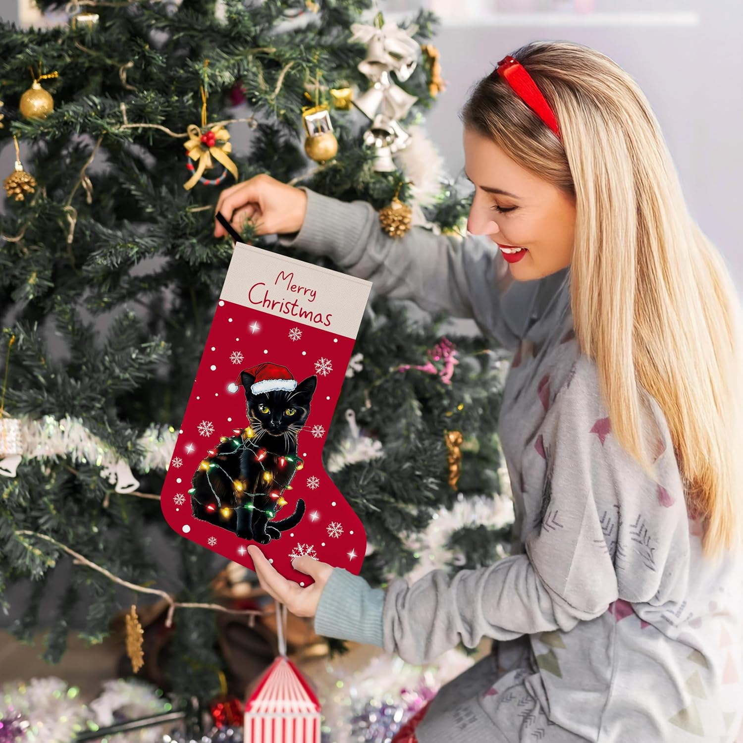 Black Cat Christmas Stockings, Black Cat Mom Lady Lovers Gifts, Pet Lover Xmas for Women, Kitten Merry Christmas Hanging Stocking for Xmas Tree Party Vacation Decor