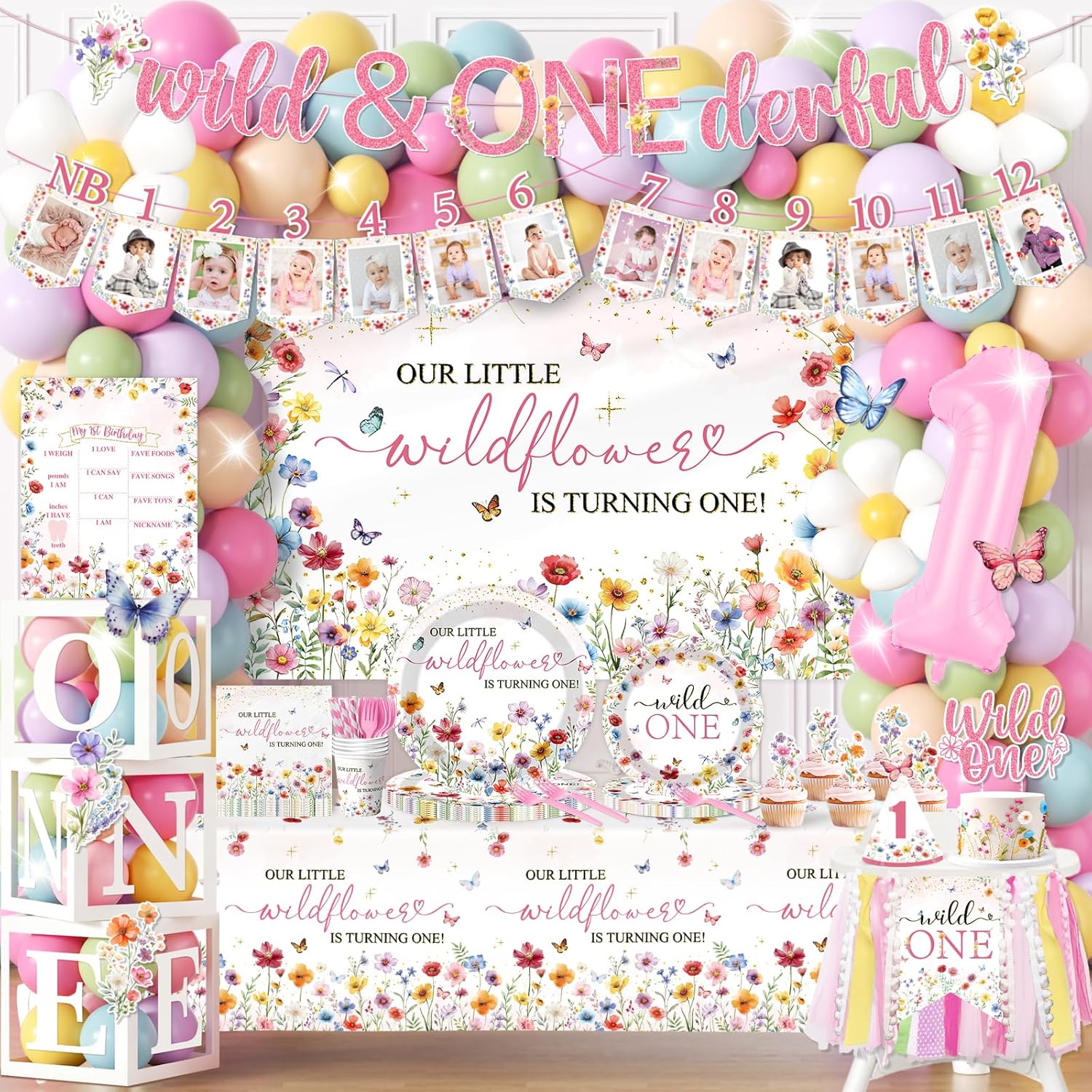 Wildflower First Birthday Decorations,295pcs wild One Birthday Decorations Girl Floral Plates and Napkins Cups Tablecloth Banner Backdrop for Our Little Wildflower Is Turning One Party