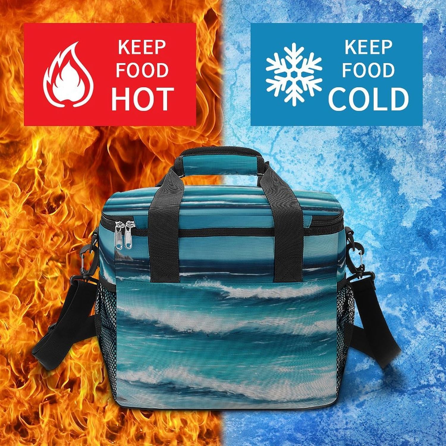 Camping Ice Pack, Turquoise Beach Original Seascape Print Cooler Bag, 22.5L Large Capacity Insulated Lunch Tote Bag for Outdoor, Picnic, BBQ, Travel, Work