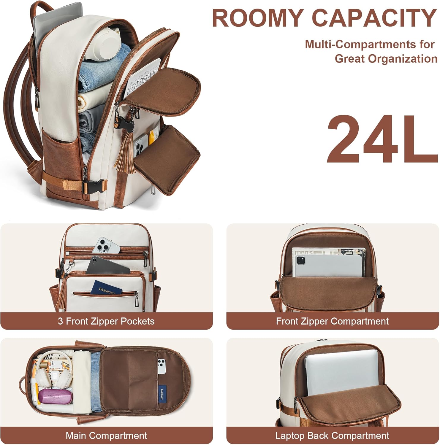 Shrrie Laptop Backpack for Women,Vegan Leather Backpack Work Computer Backpacks fits 16" Laptop,Water Resistant Teacher Nurse Casual Daypack for Weekender Camping Travel,Beige with Brown - Image 3