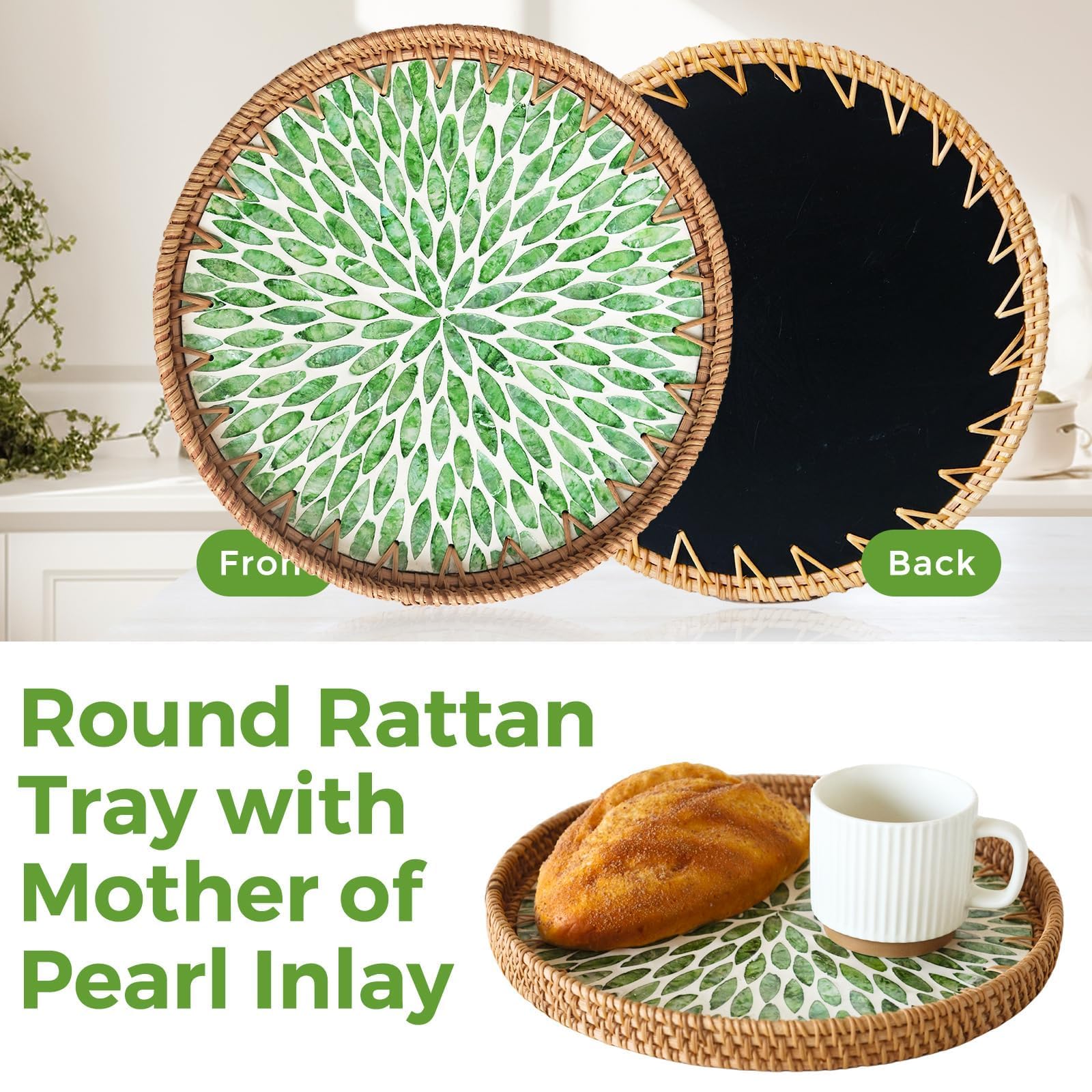 Bandeja redonda de ratán con incrustaciones de nácar, bandeja de mimbre para servir madre para decoración, bandeja redonda de mimbre para mesa de café y pan de café, hoja verde