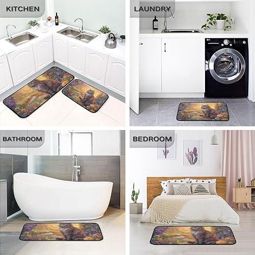 Miniatura 5 de Cat Sitting in Flowers Kitchen Mat 2 Pcs Set, Low Pile Kitchen Rugs Cushioned Water Absorbent Washable Floor Mats for Kitchen Sink Laundry Room
