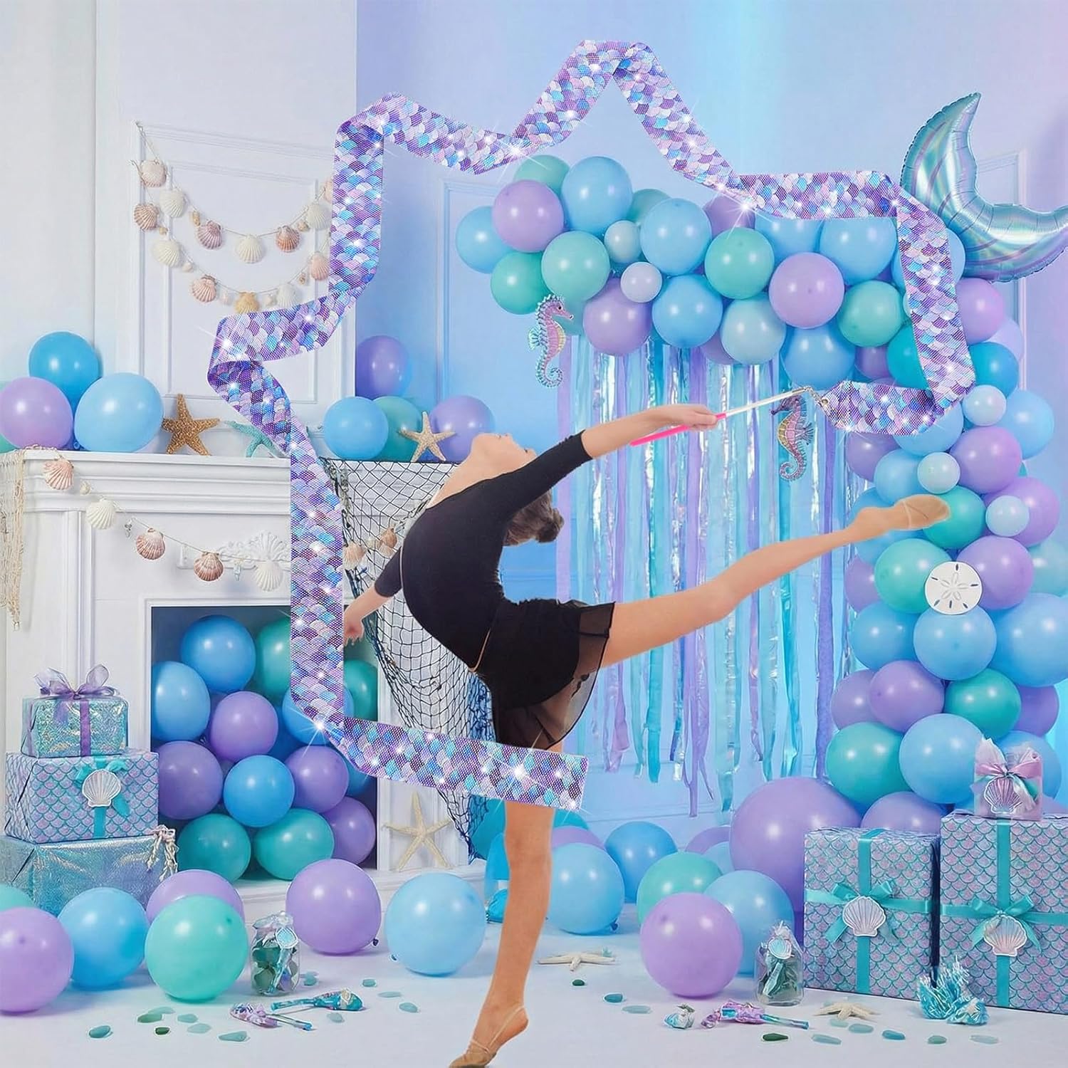 Soulchen 24 Pcs Mermaid Sparkling Ribbon for Wands Party Favors Dance Streamers Rhythmic Gymnastics Twirling Wand Art Dancing Band Silks Ribbon the Sea Theme Mermaid Party Favors Decoration