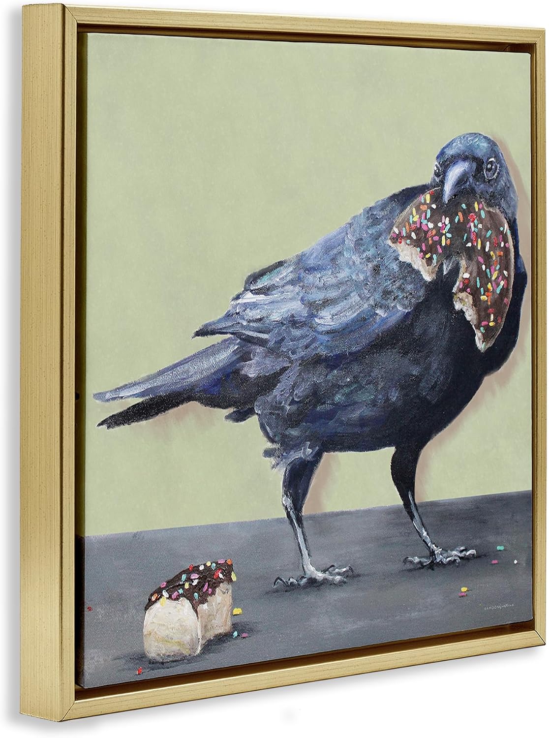 Stupell Industries 'Crow Eating Donut'| Floating Frame Canvas Art | Stupell Industries | Gold, 25 x 25 Inches, Easy to Hang and Sturdy, Made in USA, by Kamdon Kreations