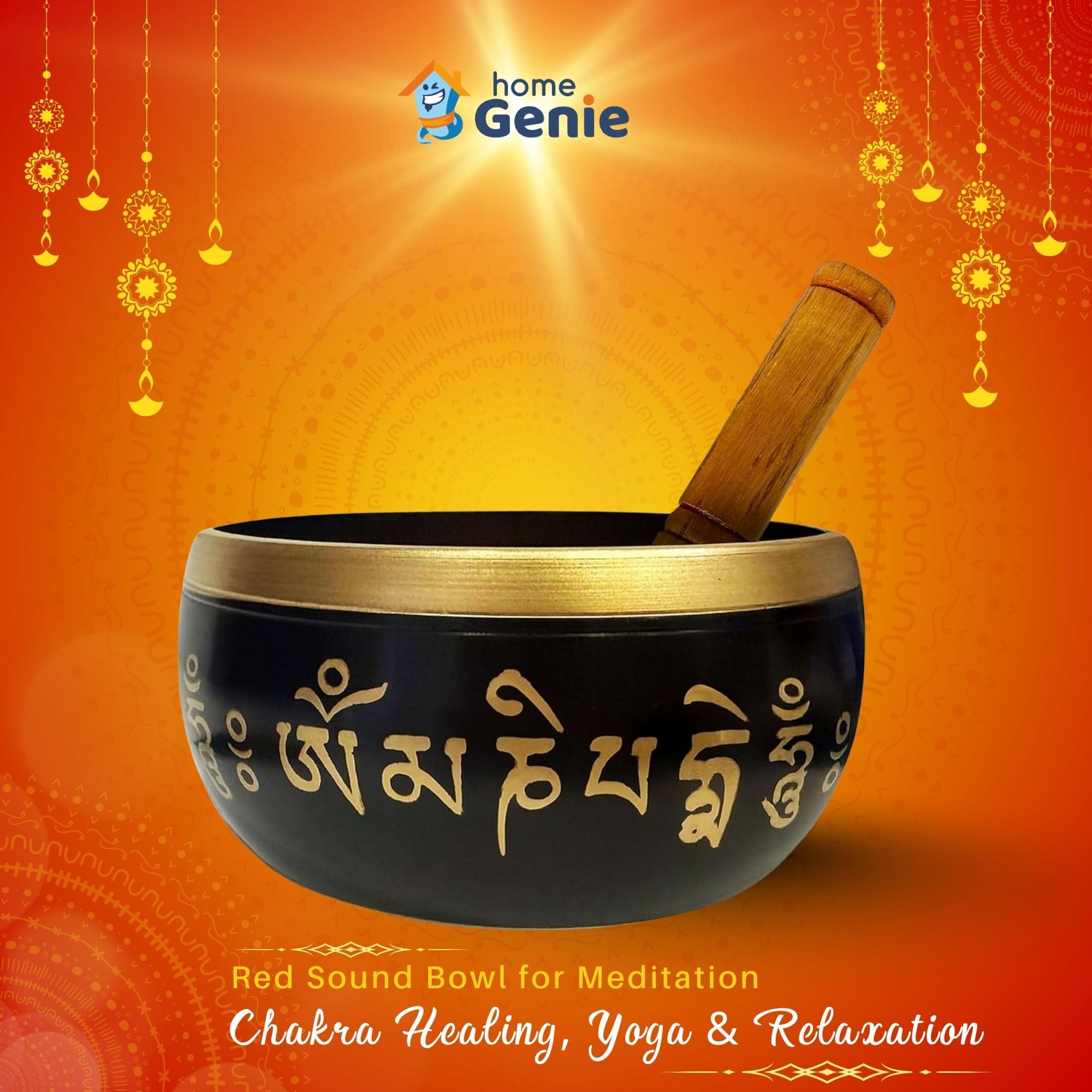 HOME GENIE Brass Tibetan Singing Bowl with Wooden Mallet, Black, M(10X10cm) - Image 4
