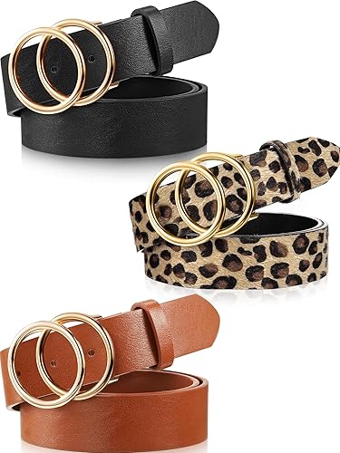 SATINIOR Cinturón de cuero para mujer, 3 piezas, para pantalones vaqueros, cinturones de cintura con hebilla de doble anillo