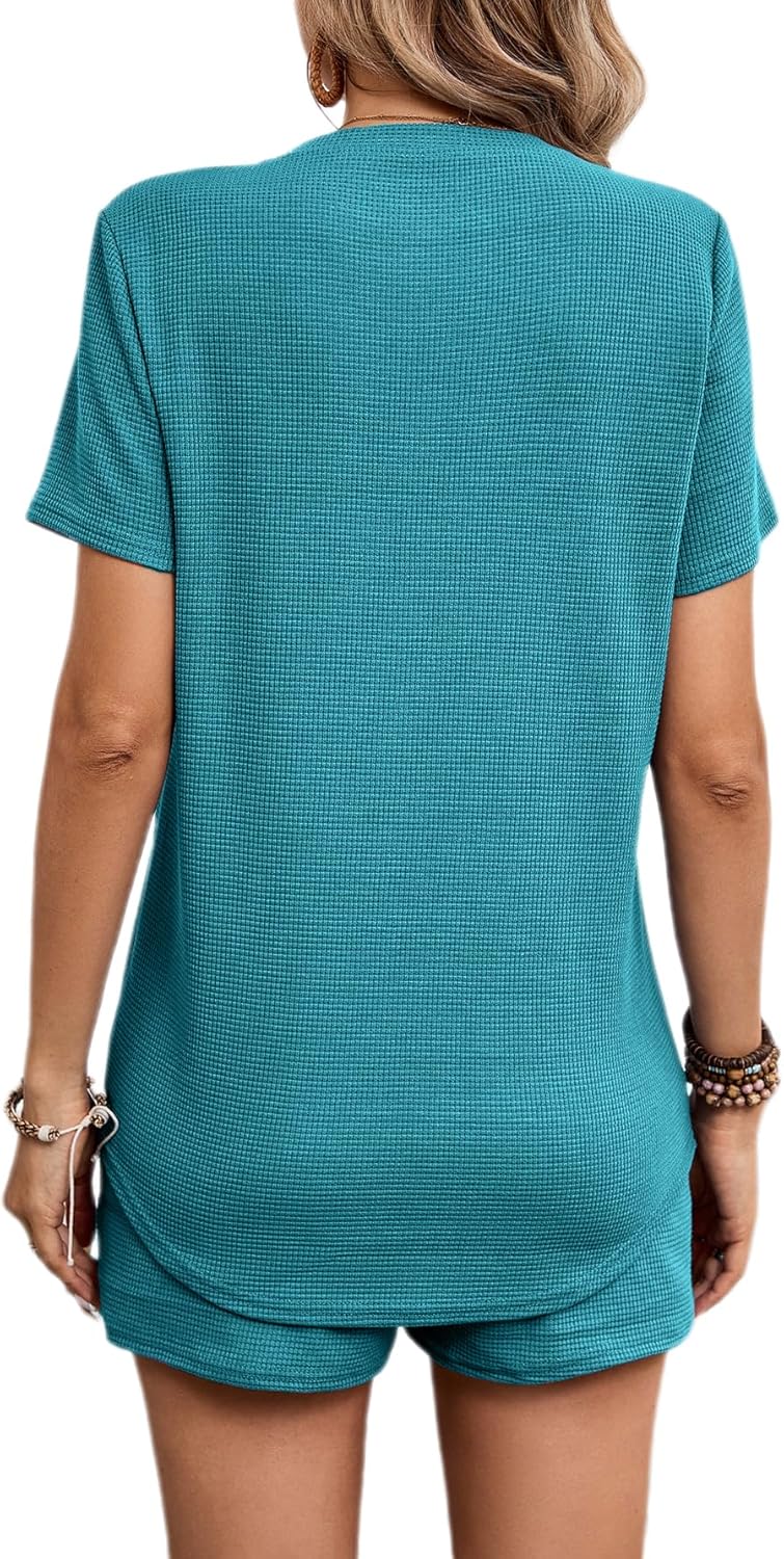 BARASA Womens Sets Waffle Knit 2 Piece Short Lounge Set Cute Short Sleeve Top Shorts Outfits Set With Pockets D692 - Image 5