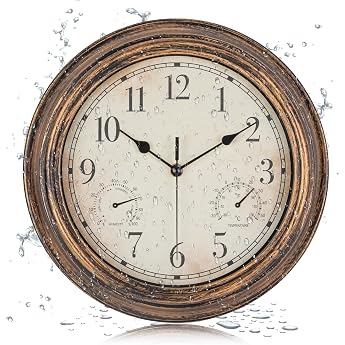 Outdoor Garden Wall Clock Waterproof Vintage Wall Clock with Thermometer and Humidity 12 Inch Non-Ticking Weatherproof Hanging Clock for Patio Pool Porch Garden Bathroom Bronze