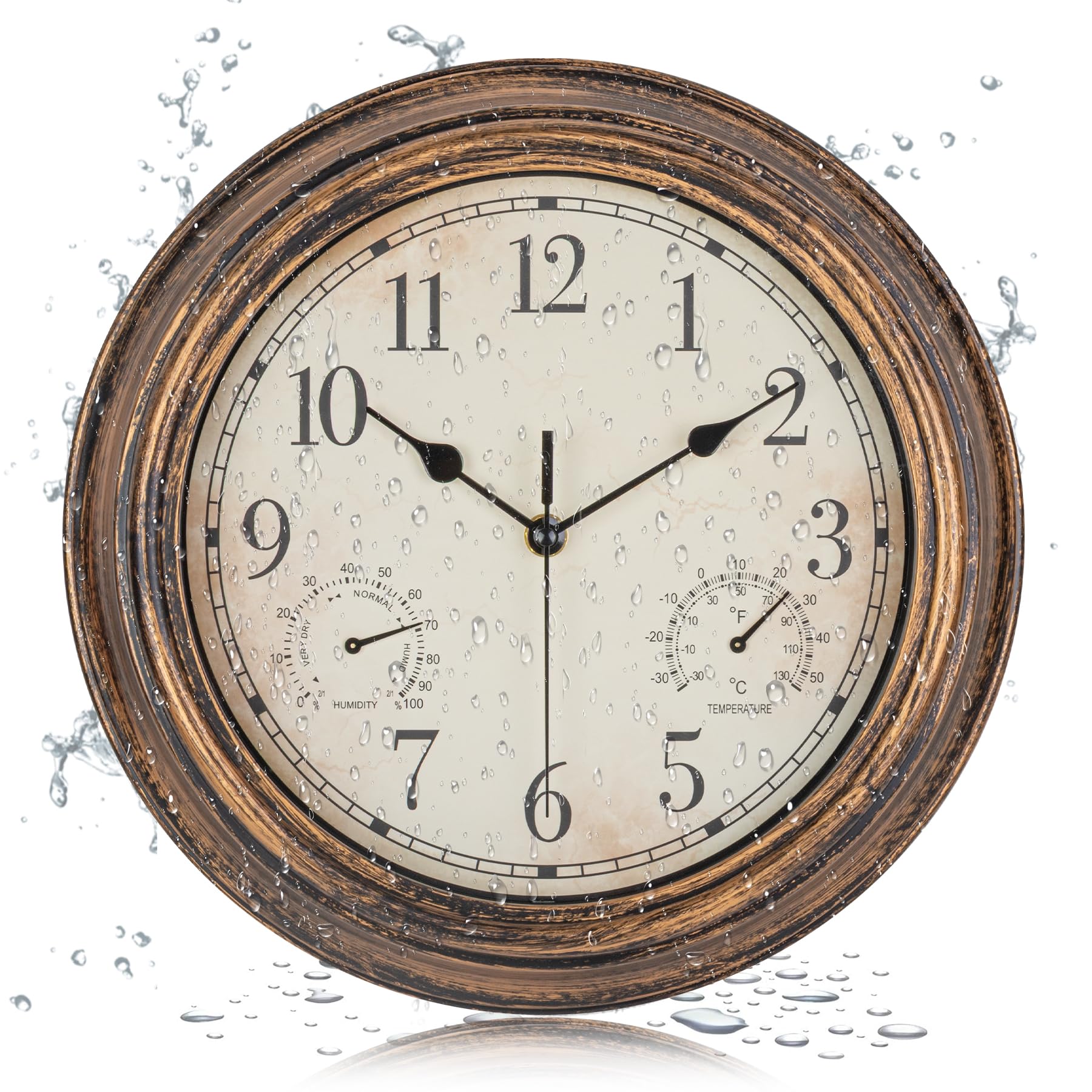 Horloge murale de jardin - Étanche - Vintage - Avec thermomètre et humidité - 30 cm - Sans tic-tac - Résistante aux intempéries - Pour terrasse, piscine, porche, jardin, salle de bain
