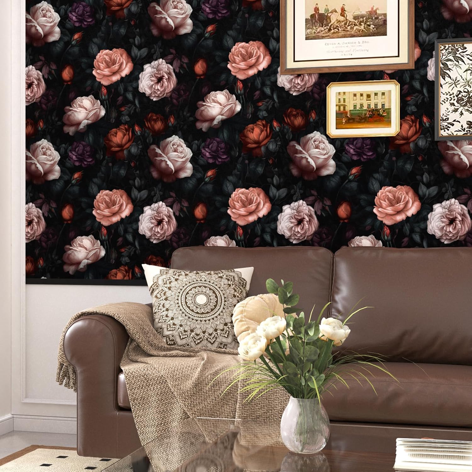 BOKEBEVE Extra Long Rose Floral Contact Paper Wallpaper Peel and Stick Vintage Boho Wall Paper for Countertop Cabinet Renter Friendly Removable Self Adhesive Black Red Pink 17.5 x 393.5In