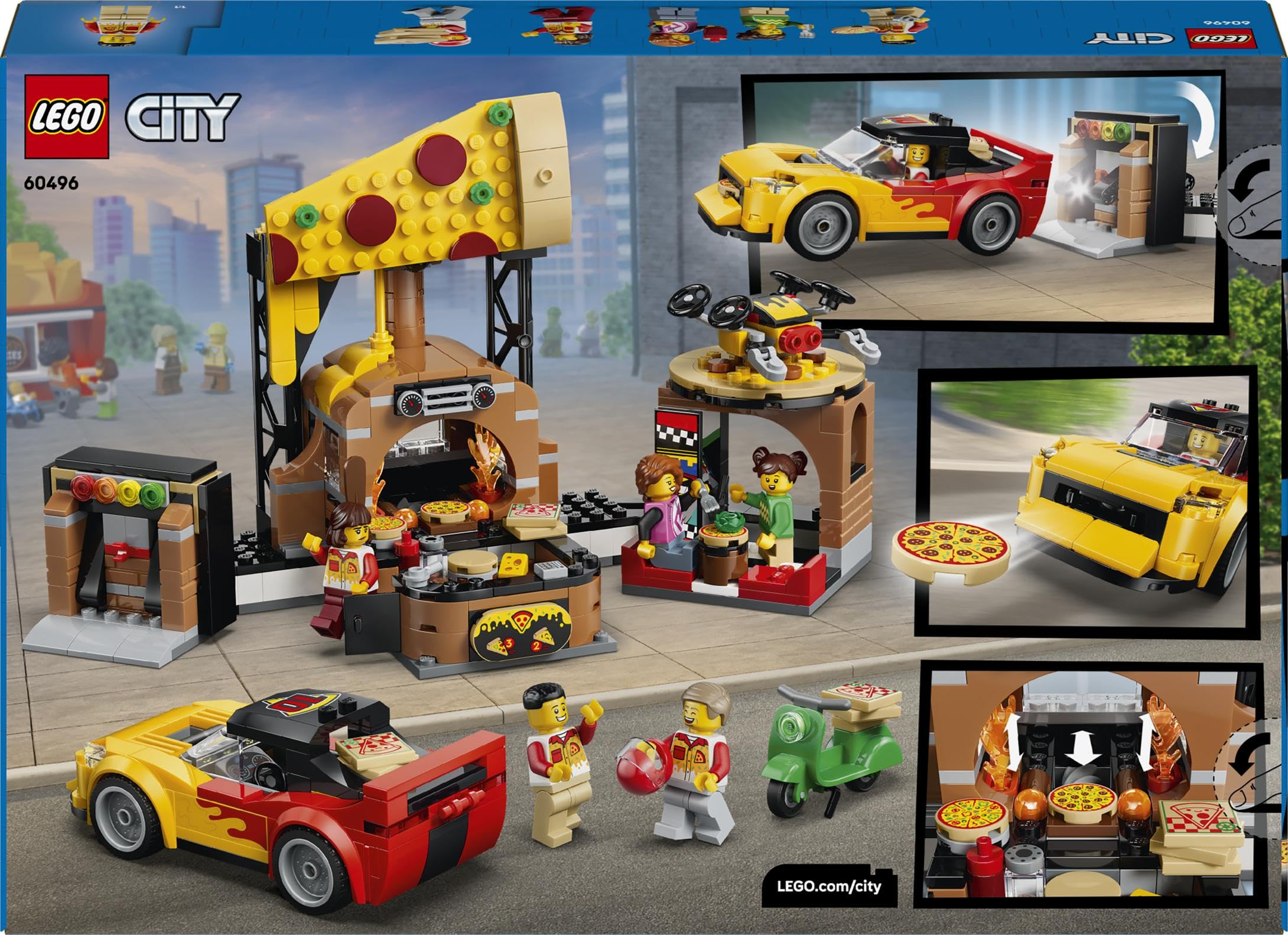 LEGO City La Pizzeria et Ses Véhicules de Livraison - Jeu de Construction - Jouet Voiture, Scooter, Drone, Borne d’Arcade & 4 Minifigurines - Idée de Cadeau d'anniversaire pour Garçon dès 6 Ans 60496