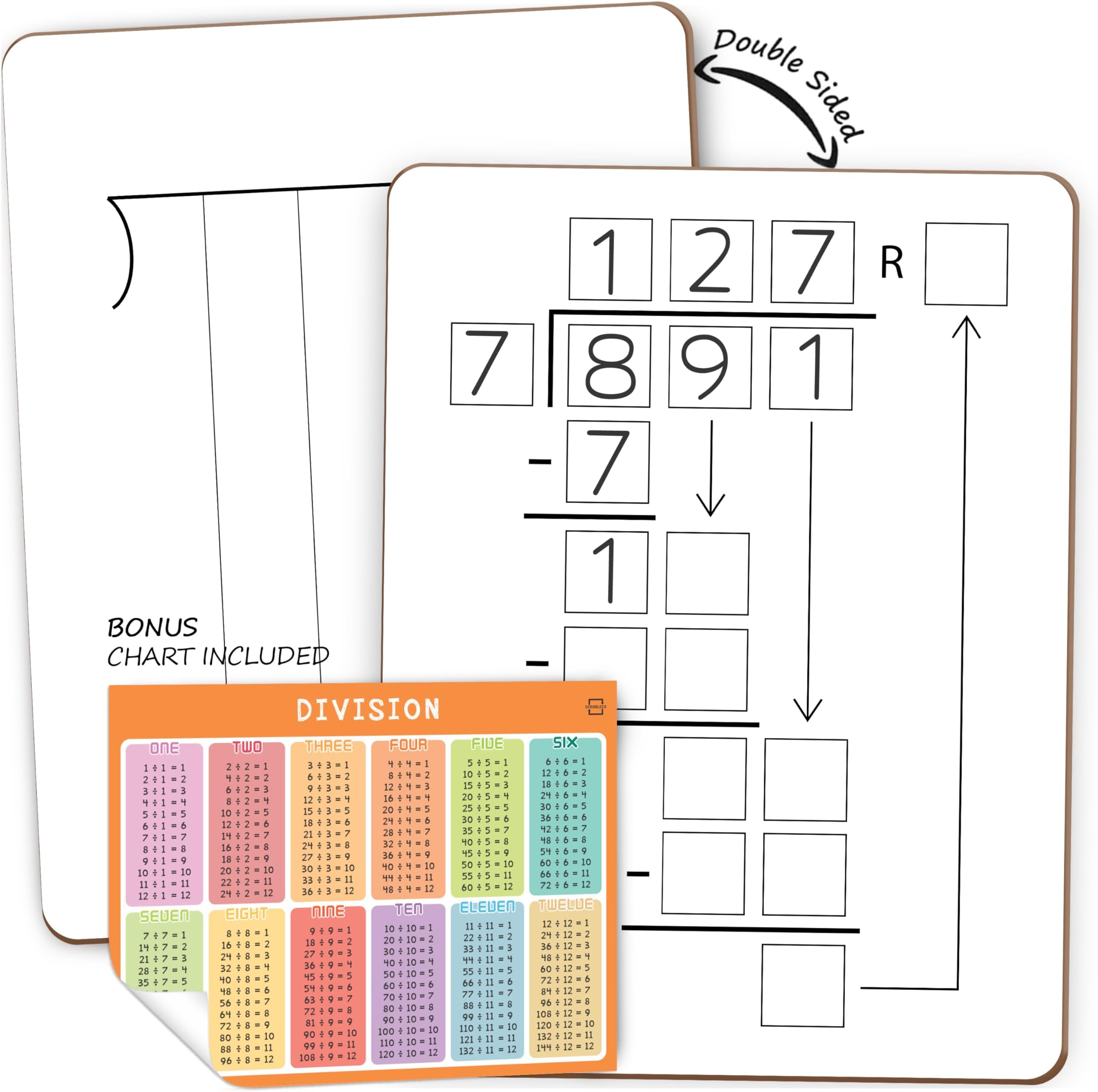 SCRIBBLEDO Dry Erase Division White Board 9x12Inch Small Division Chart Durable Portable Double Sided Math Manipulatives Practice Whiteboard for Kids Students Classroom and Home Long Division Lapboard