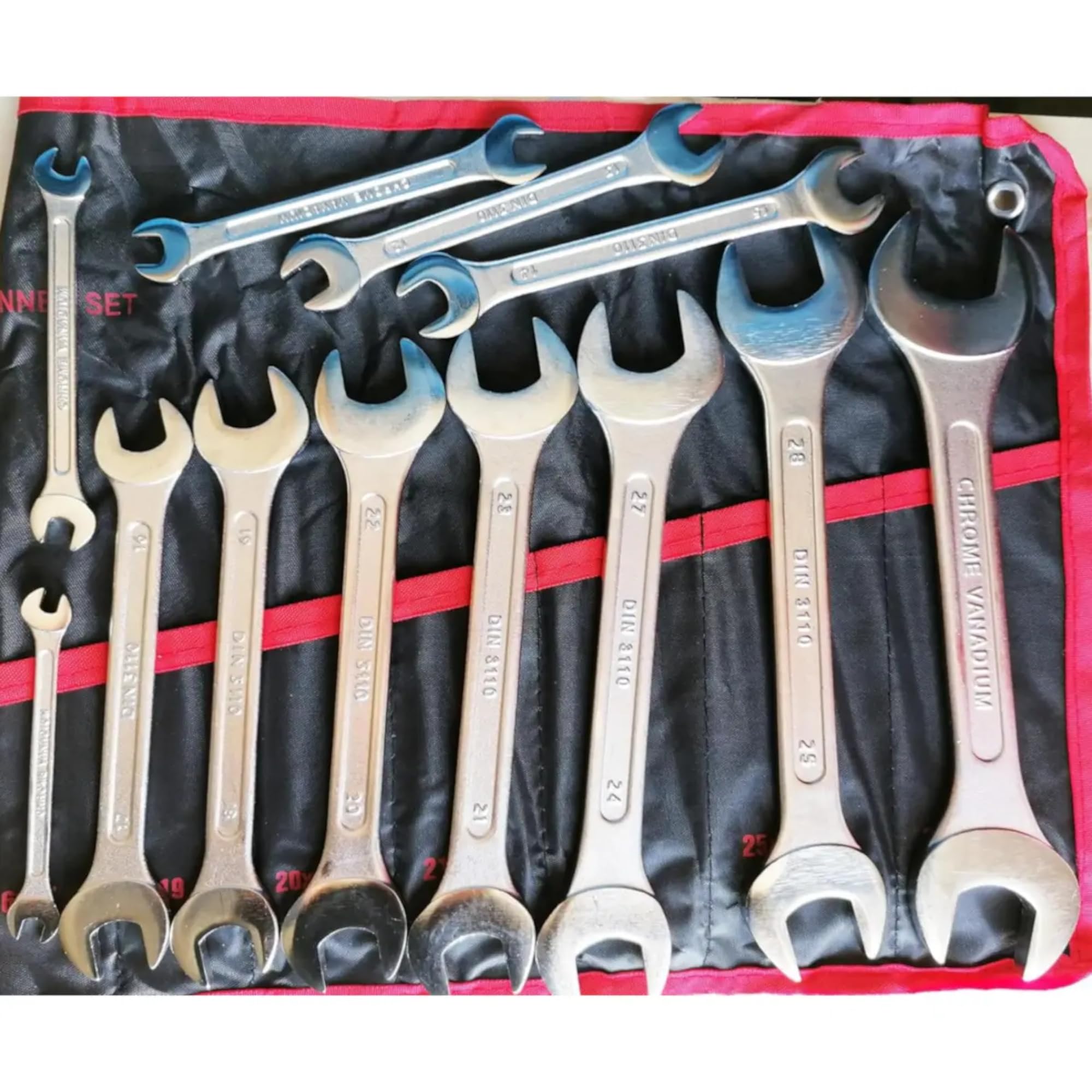 SIO Juego de Llaves Fijas Planas 6-32 mm Chrome Vanadium – Set 12 Herramientas Dobles Profesionales en Bolsa – Llaves para Mecánica Automoción Taller Industrial Maquinaria y Bricolaje Profesional