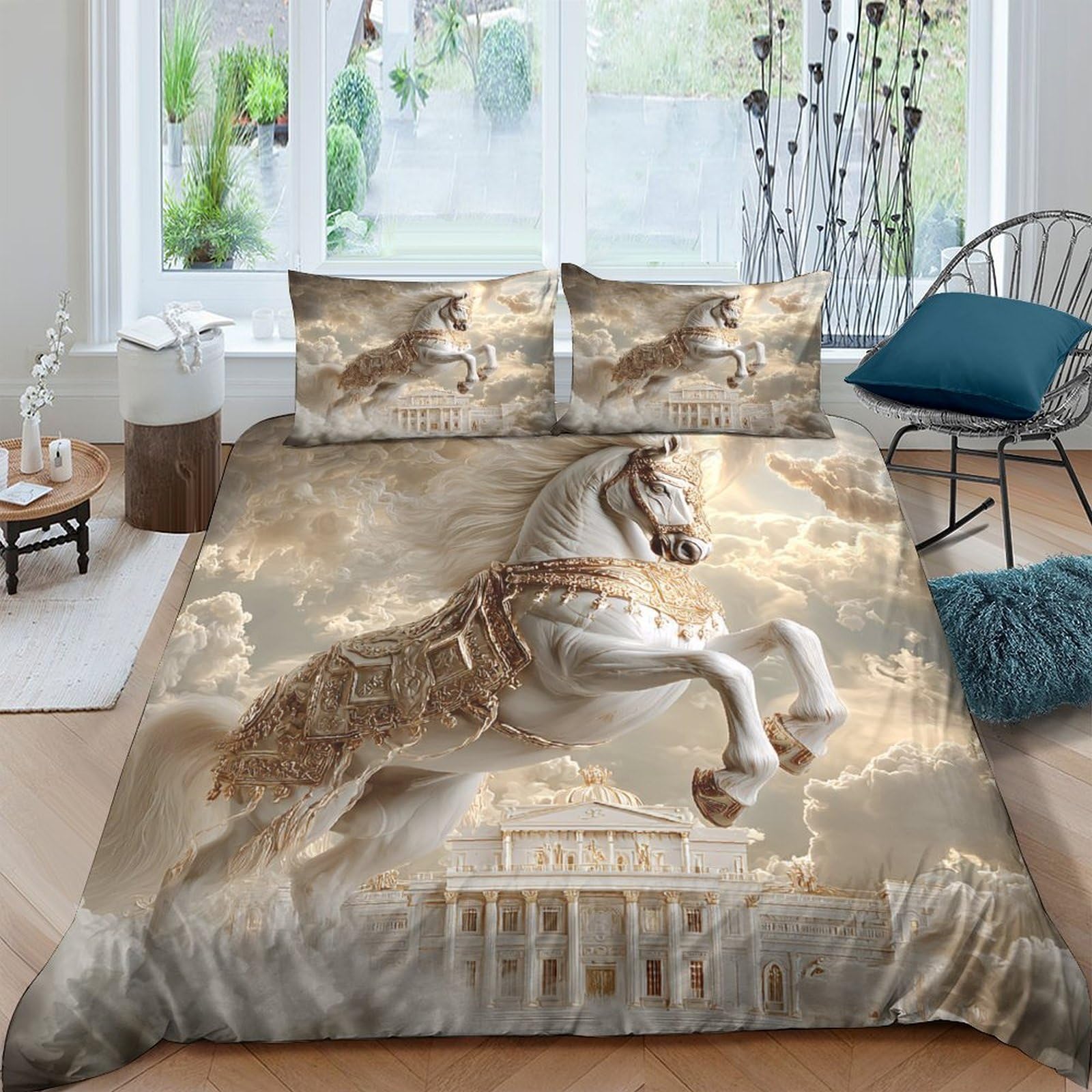 Ctjqhvkz Style-2 3D Printed Majestic Horse Fitted Sheet Microfiber Elegant Cloud Palace Mattress Cover For Bedroom Guest Room Decor Single（135X200cm）