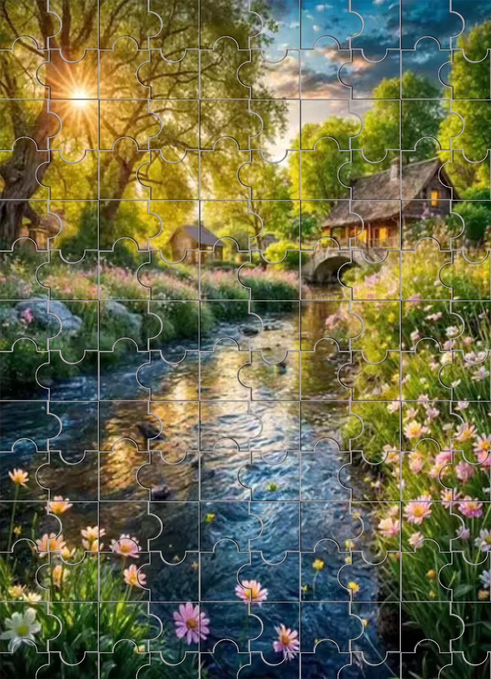 2000 Teile Puzzle Für Erwachsene,Riverbank Cottage Flowers DIY-Puzzle,Kreative Unterhaltung, Spaß, Klassisches Puzzles Familienspiele