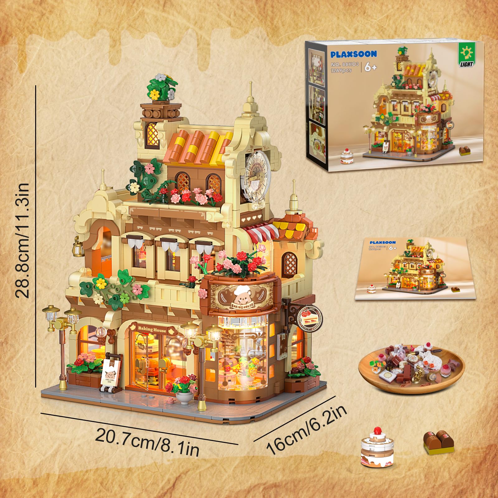 PLAXSOON City Panadería Cafetería Casa Kit de construcción con luz – 1289 piezas Backshop Baublock Juguetes con café, pasteles y pan – Pastelería Modelo de construcción para adultos, adolescentes y