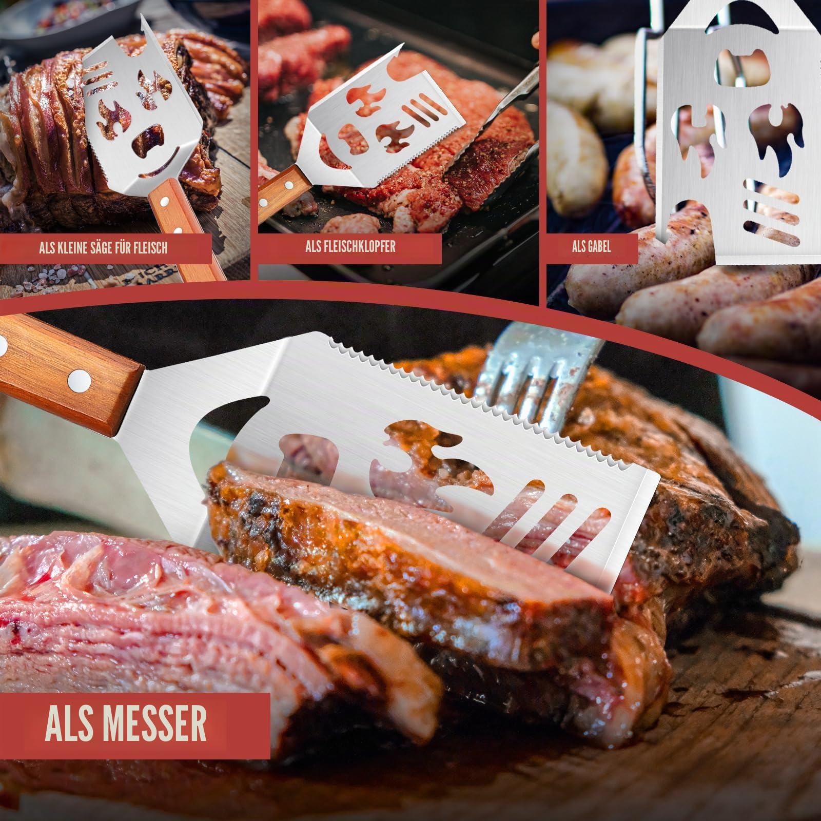 8 in 1 BBQ Spatel für Outdoor Grill, Grillbesteck mit Holzgriff, Multifunktionales Grillwerkzeug, 40,5 cm Grillwender, BBQ Geschenke für Männer, Gabel, Säge, Flaschenöffner zum Grillen