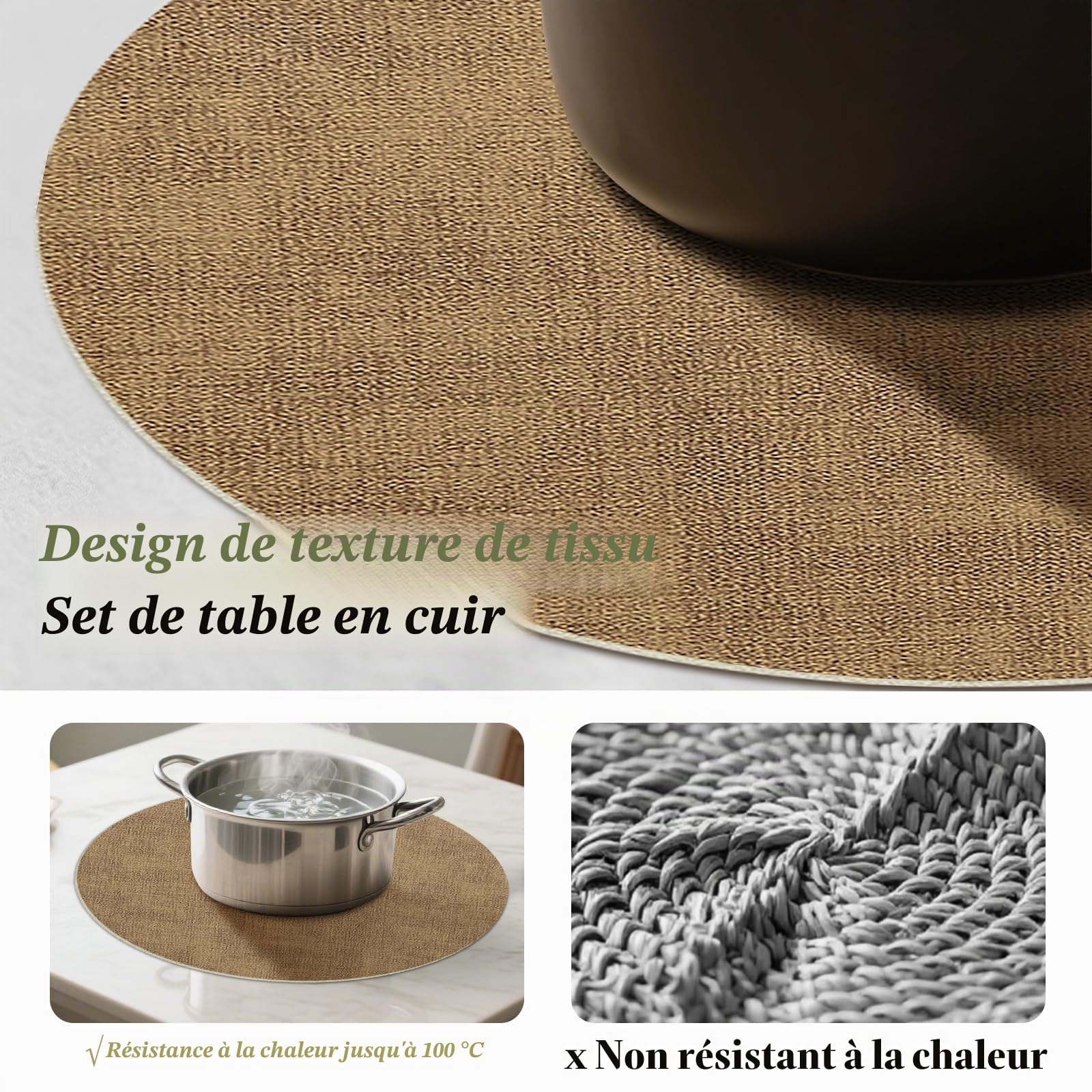 Lot de 6 Sets de Table Ronds en Cuir (38 cm) + 6 Dessous de Verre (10 cm), Résistants à la Chaleur, Antidérapants et Faciles à Nettoyer, Double Face pour Cuisine,Extérieur, (Crème/Beige)