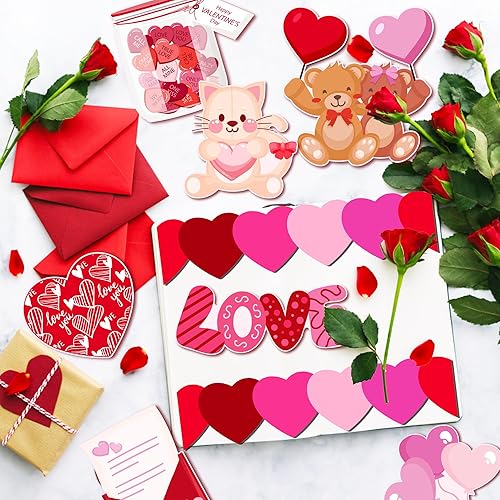 Miniatura 9 de Decoración de tablero de anuncios de corazón para el día de San Valentín de 68 pies con 50 calcomanías de amor, borde enrollado de corazón rojo y
