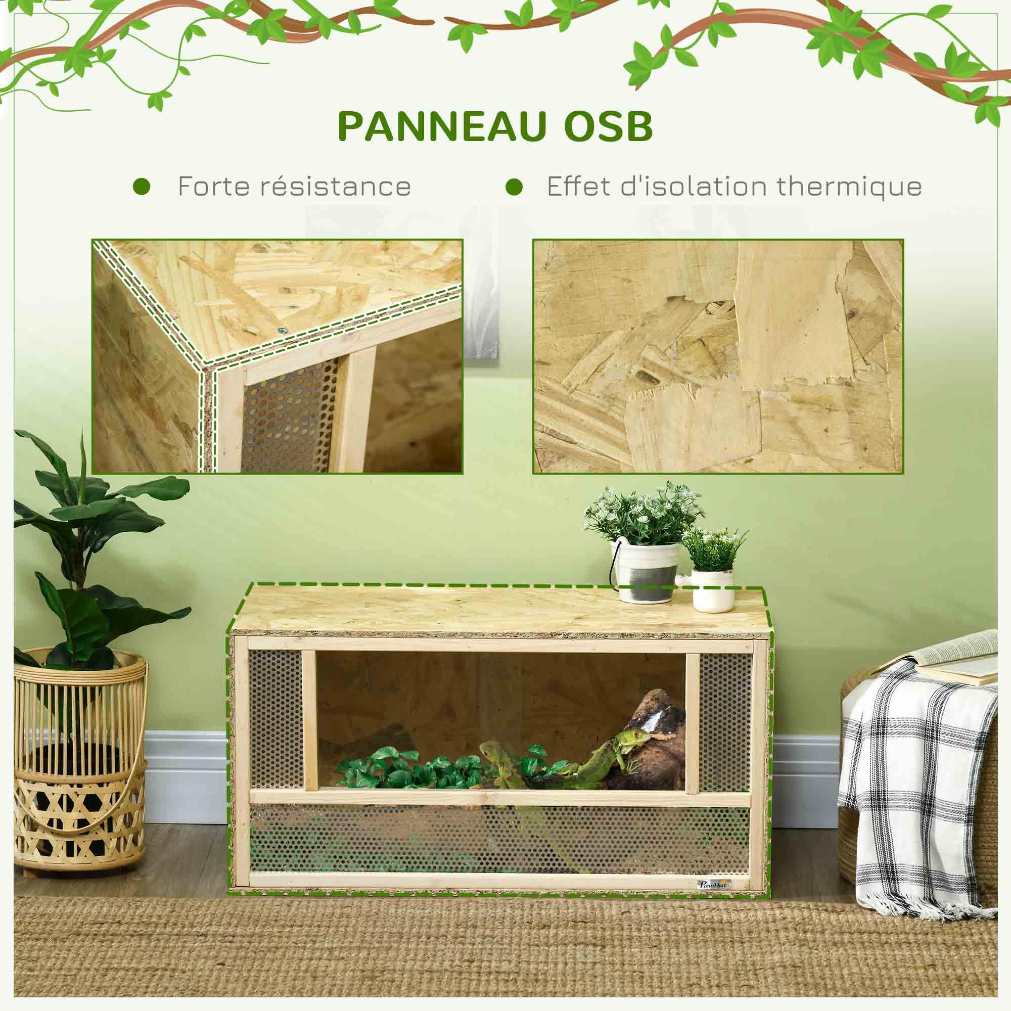 PawHut Terrarium en Bois OSB pour Reptiles et Batraciens avec Porte Coulissante en Verre 80 x 40 x 40 cm Naturel