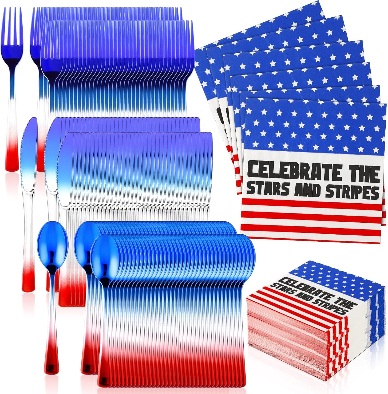 Hushee 400 Pcs Patriotic Party Supplies Fourth of July Independence Day Plastic Silverware and Napkin Red White and Blue Silverware Set for Memorial Day 4th of July Party Decorations Hushee 400 Pcs Patriotic Party Supplies Fourth of July Independence Day Plastic Silverware and Napkin Red White and Blue Silverware Set for Memorial Day 4th of July Party Decorations