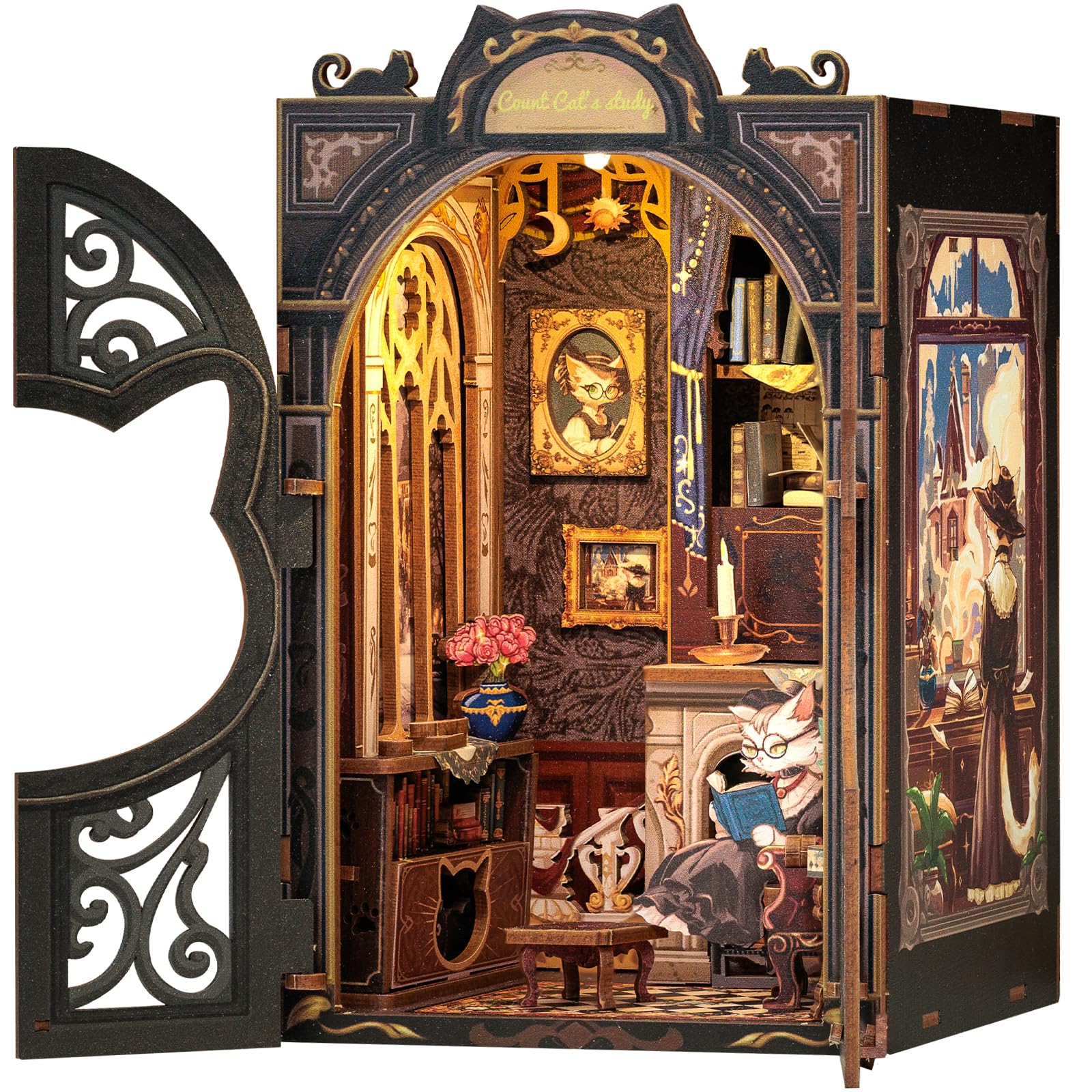 CUTEBEE Premium Bücherregal Diorama Bausatz mit LED-Beleuchtung – Renaissance Buchladen Miniatur aus Massivholz, 3D Puzzle für Erwachsene ab 14 Jahre | (Count Cat’s Study)