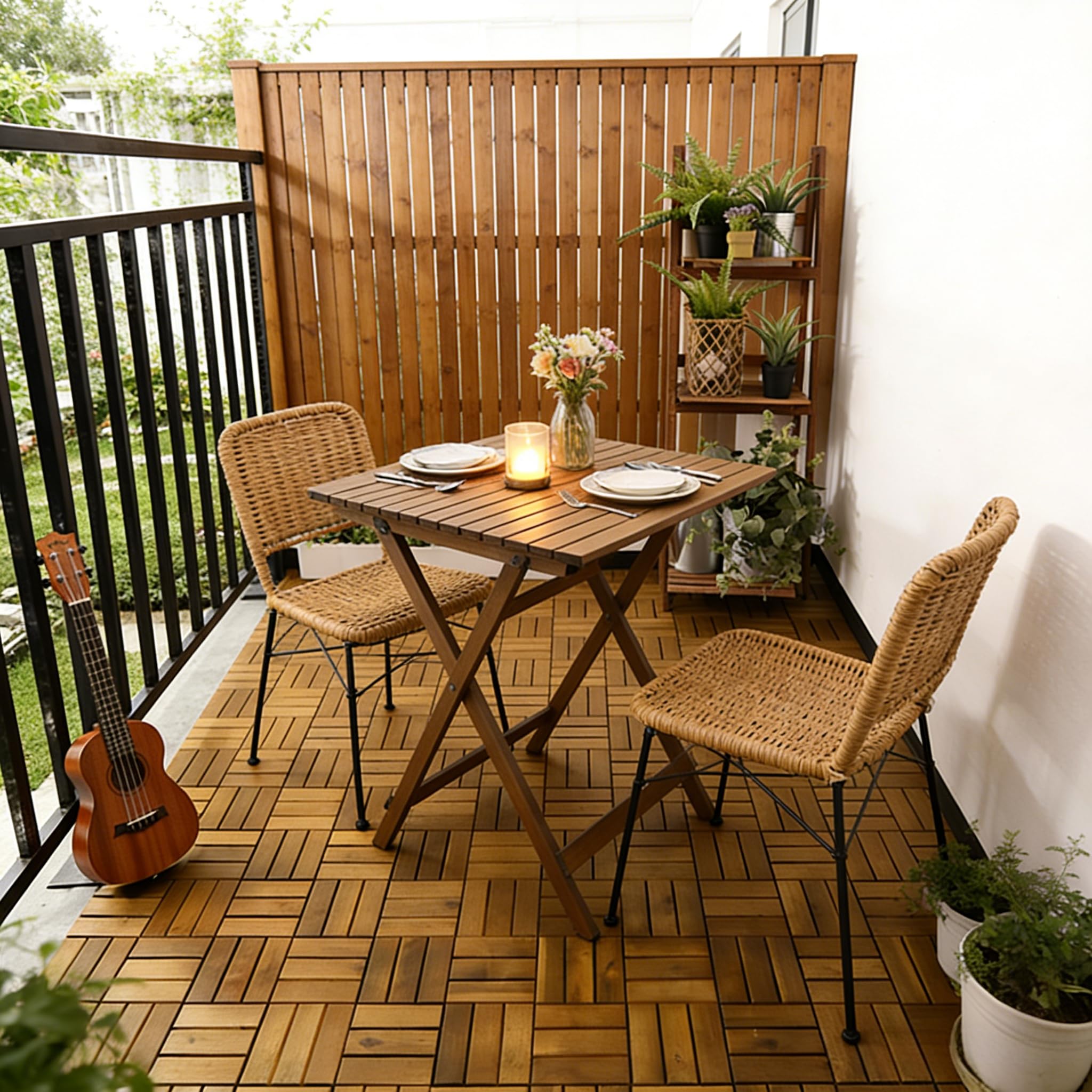 Confezione da 55 piastrelle in legno di acacia, 5 m², per balconi, pavimenti in legno, resistenti alle intemperie, 30 x 30 cm, in legno di acacia, piastrelle a clic, piastrelle per terrazze