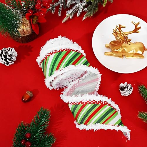 Miniatura 4 de Waline - Cinta de Navidad con borde con alambre, rayas rojas, verdes, borde blanco sin procesar, cinta decorativa de arpillera para envolver