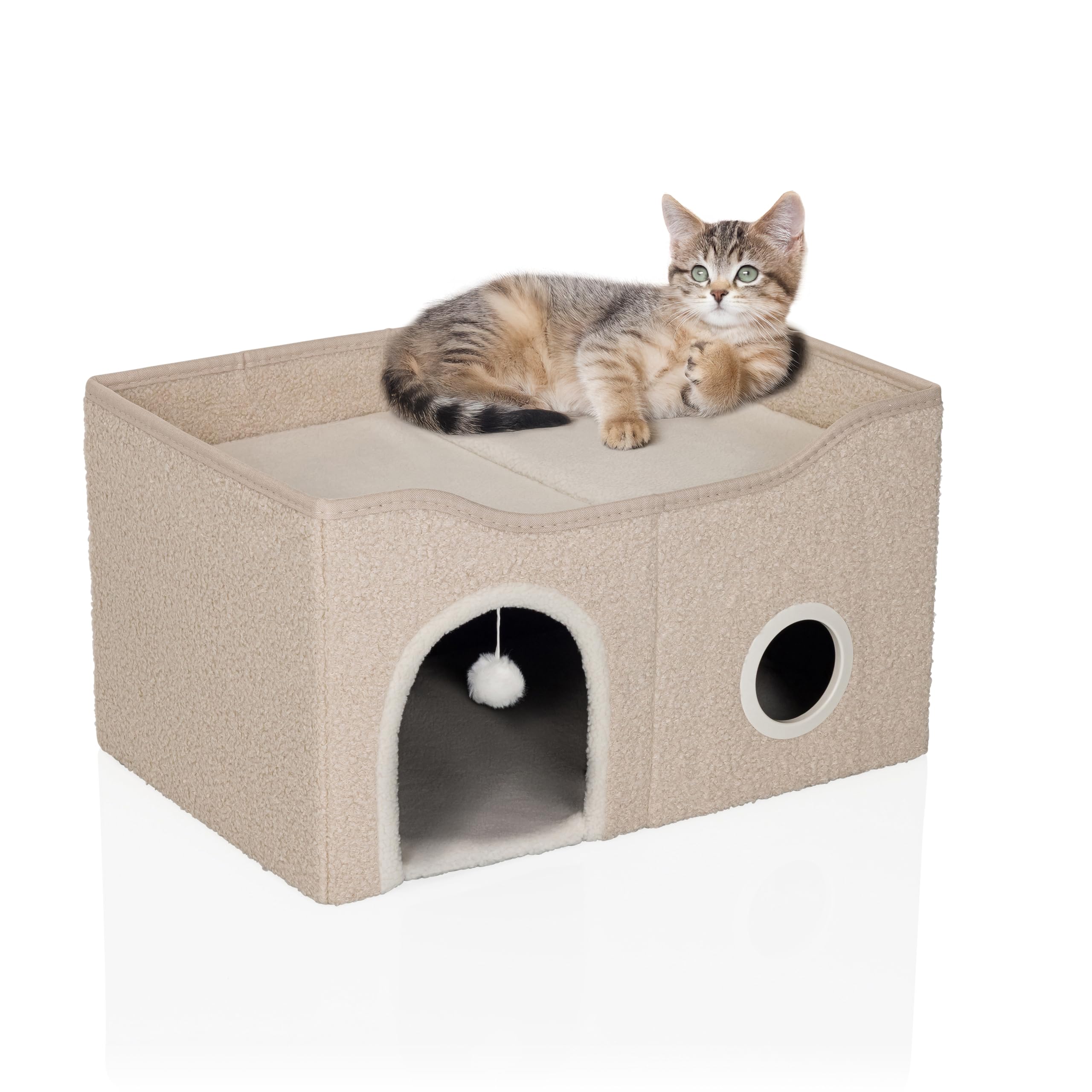Pawy EB Niche pliable pour chat d'intérieur avec planche à gratter et balle de jeu, grande surface de couchage, beige, 62 x 41 x 33 cm