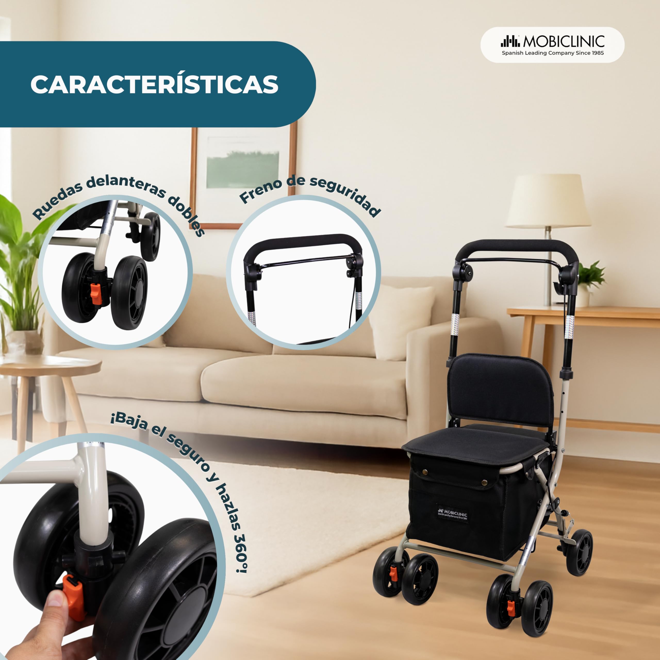 Mobiclinic® Andador Plegable Carro de la Compra con Asiento Coliseo Acero Ruedas 360º Negro