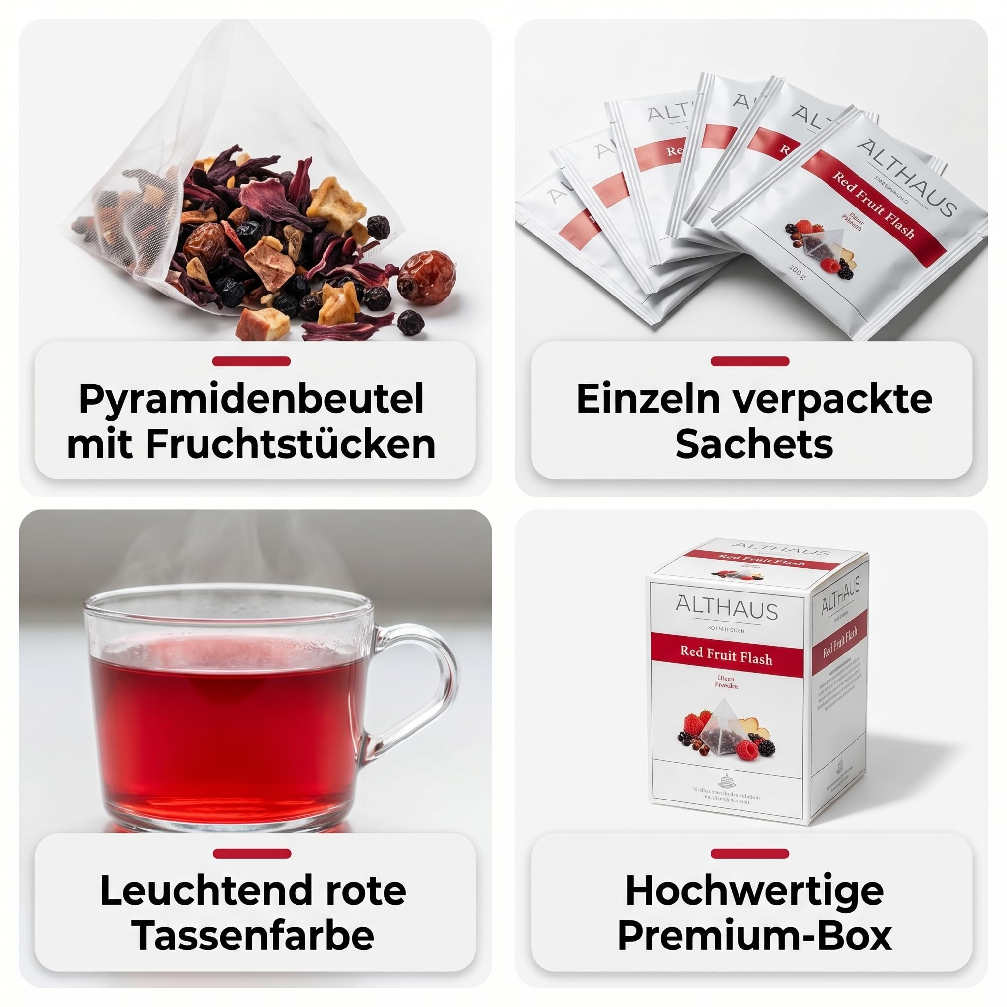 4er Set Althaus Tee Red Fruit Flash, 4 x 15 Pyramidenbeutel Premium Tee, Loser Tee in Pyramidenform, Aromatisierter Früchtetee, Fruchtinfusion in Pyramiden-Teebeuteln