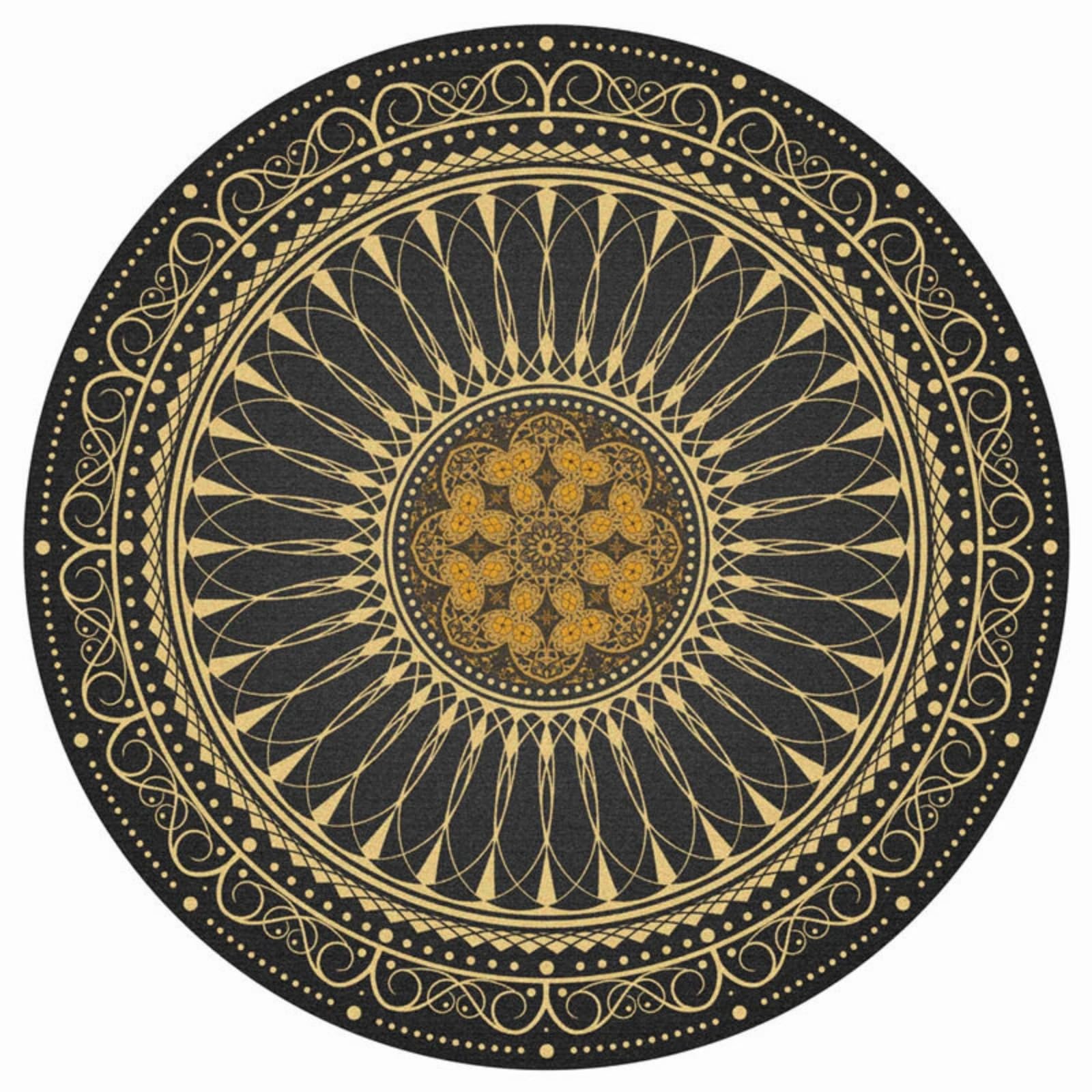 Tapis rond salon moderne microfibre jaune noir lavable et antidérapant