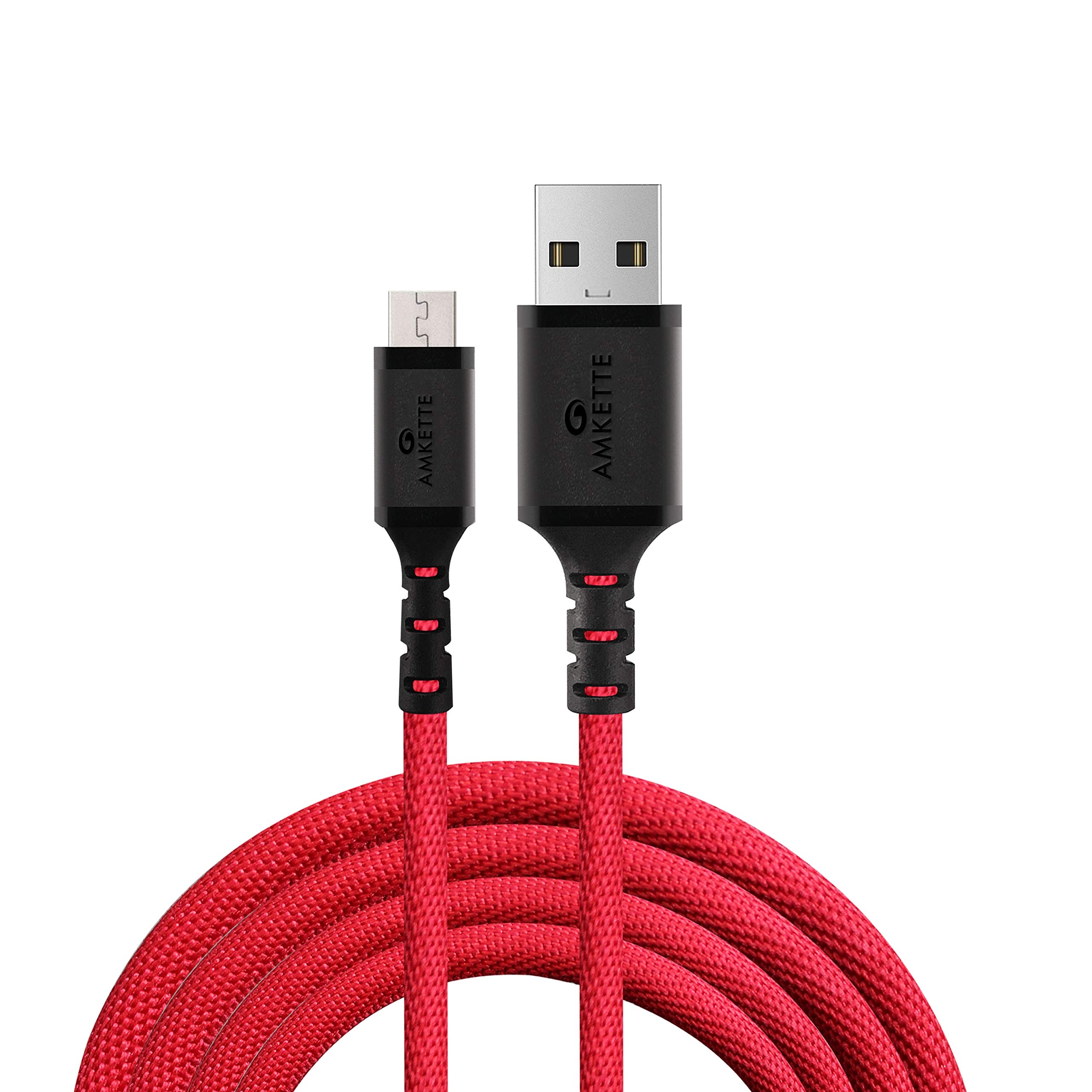 Amkette Tough Pro Micro USB Durable Braided Fast Charging Cable - 4.92 Feet (1.5 Meters) - (Red)