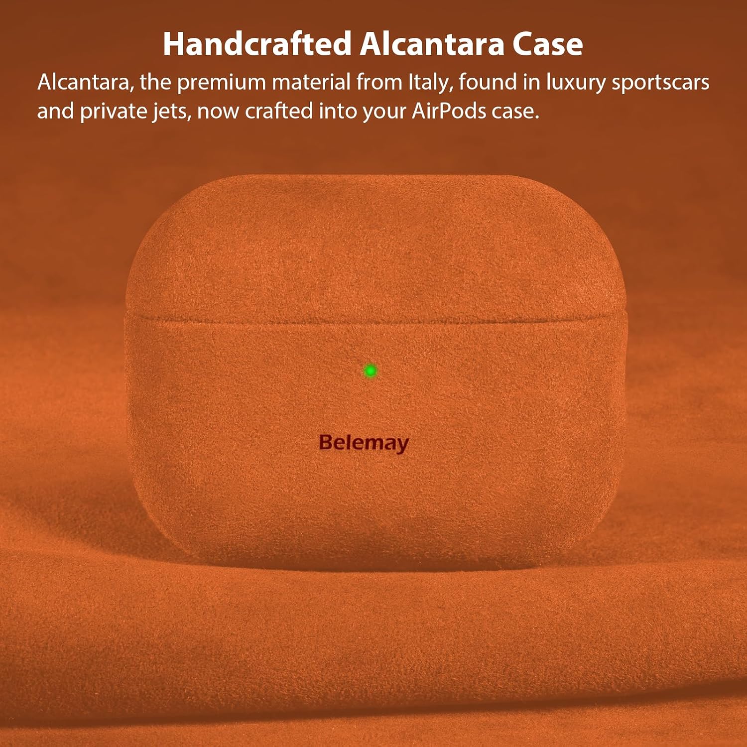 Belemay Handcrafted Alcantara Case for AirPods Pro 3rd Gen (2025), Compatible with MagSafe, Luxury Italian Suede-Like Material, Comfortable Grip, Elegant Cover Compatible with Airpods Pro 3, Orange