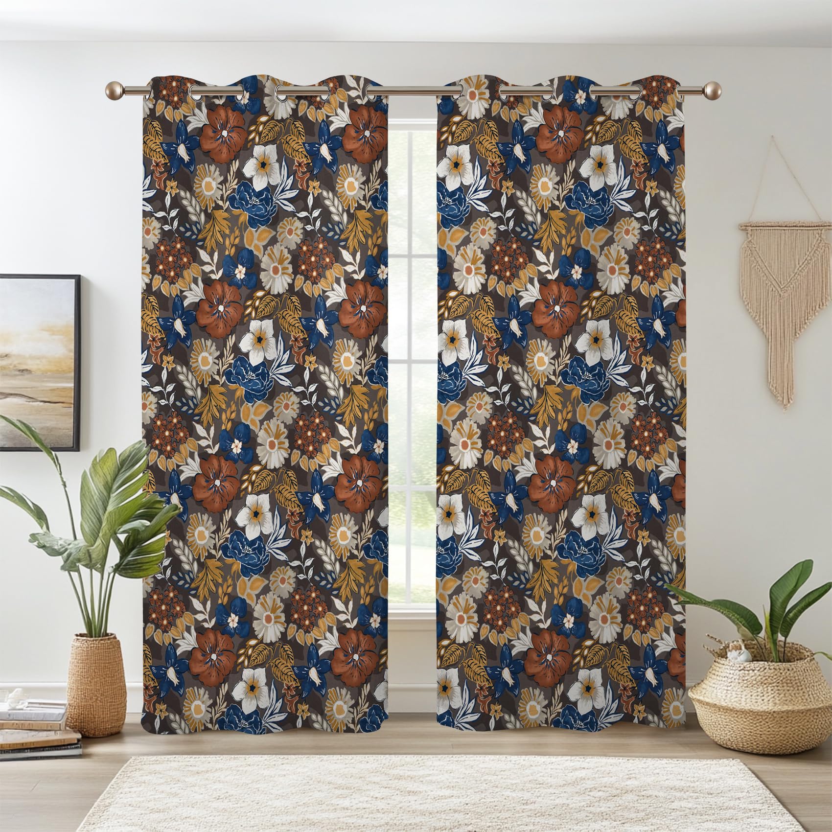 Renaiss Bohemian Floral Blackout Curtains, Blue Brown White Flower Thermal Insulated Bedroom Window Curtains, Boho Style Patterned Window Drapes for Living Room, 84" L x 53" W 2 Panel Set